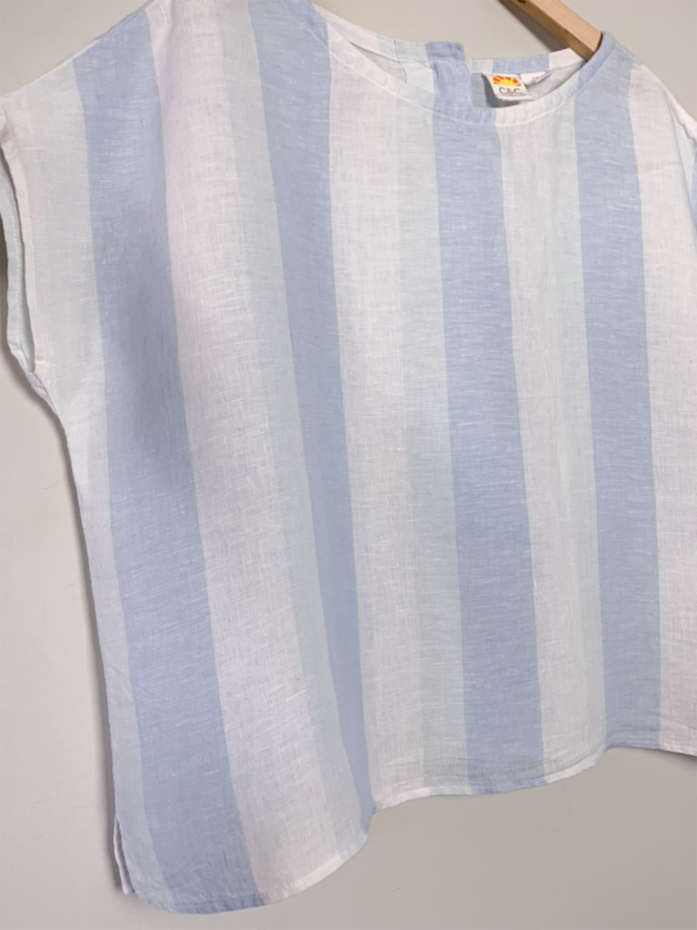 Blouse oversize manches courtes rayée bleu et blanc 100% lin vintage