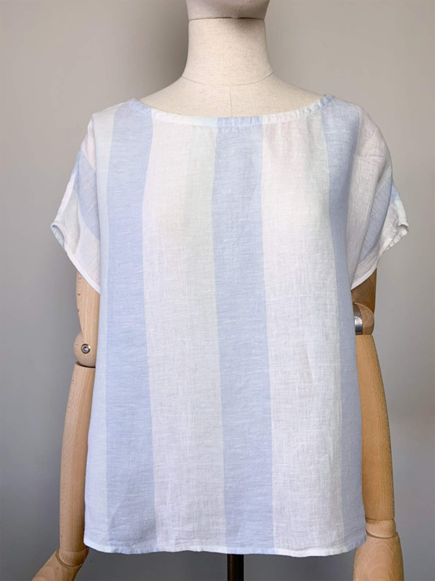 Blouse oversize manches courtes rayée bleu et blanc 100% lin vintage