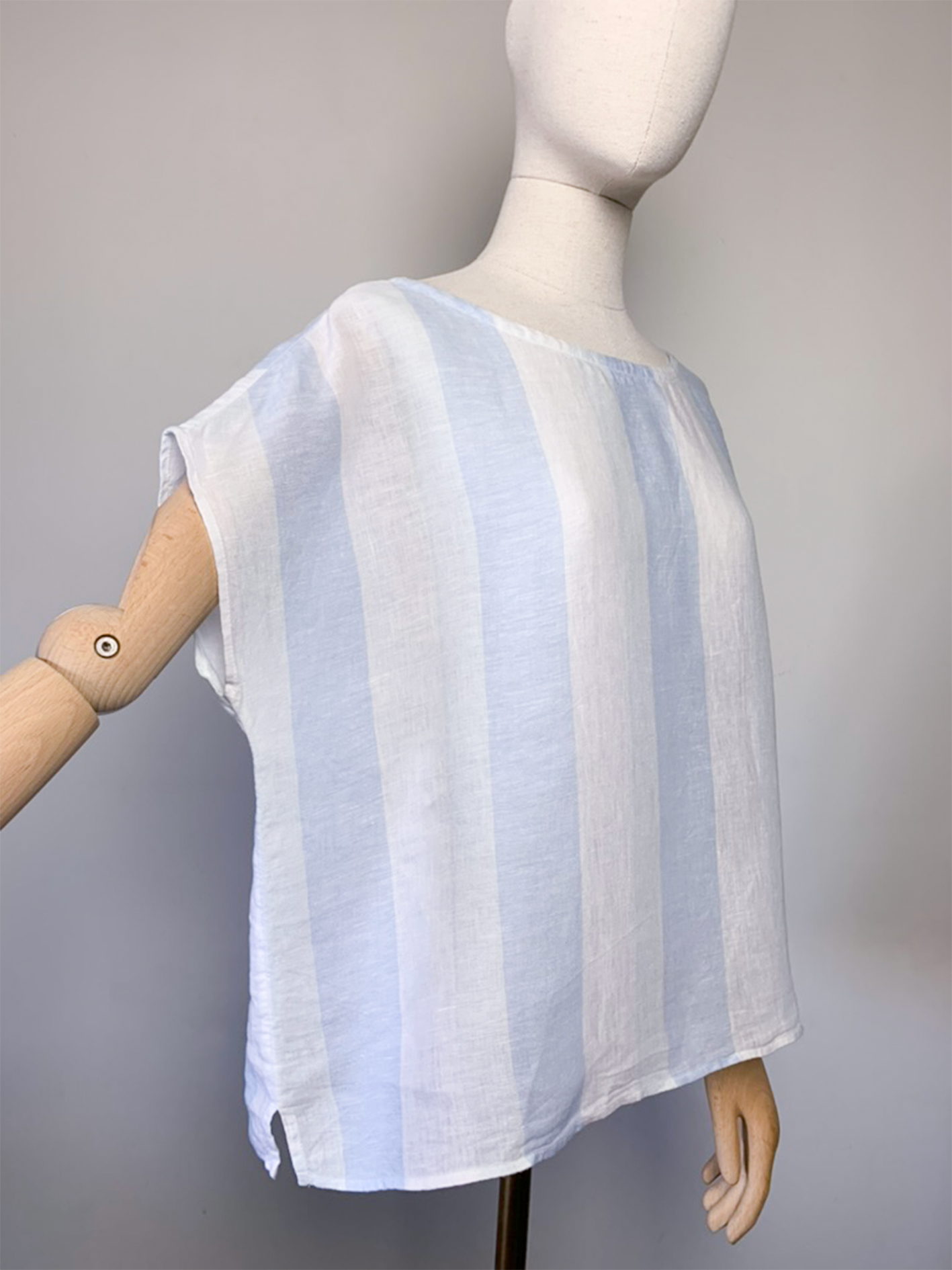 Blouse oversize manches courtes rayée bleu et blanc 100% lin vintage