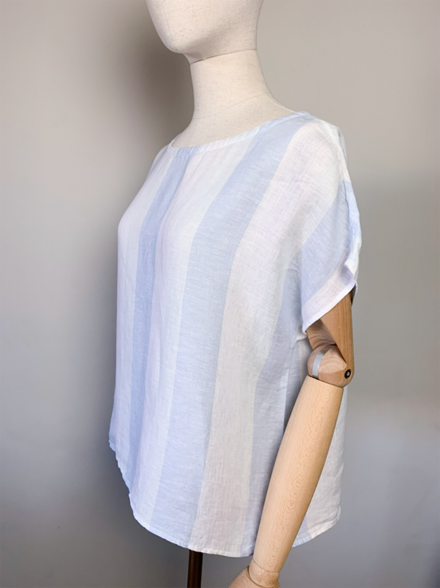 Blouse oversize manches courtes rayée bleu et blanc 100% lin vintage