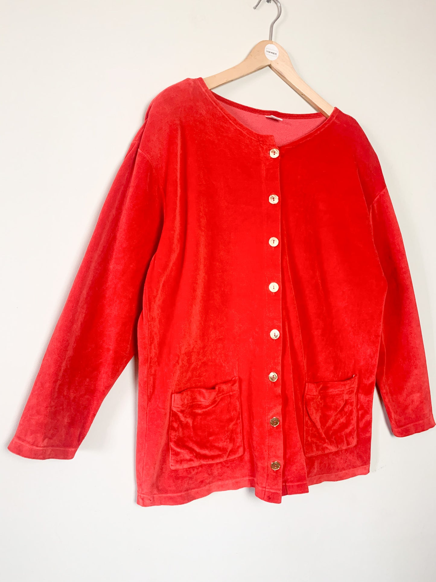 Veste Cardigan Vintage en Velours Rasé Rouge Orangé - Boutons Dorés & Épaulettes - Années 80/90 - T. 42/44 FR (L/XL)