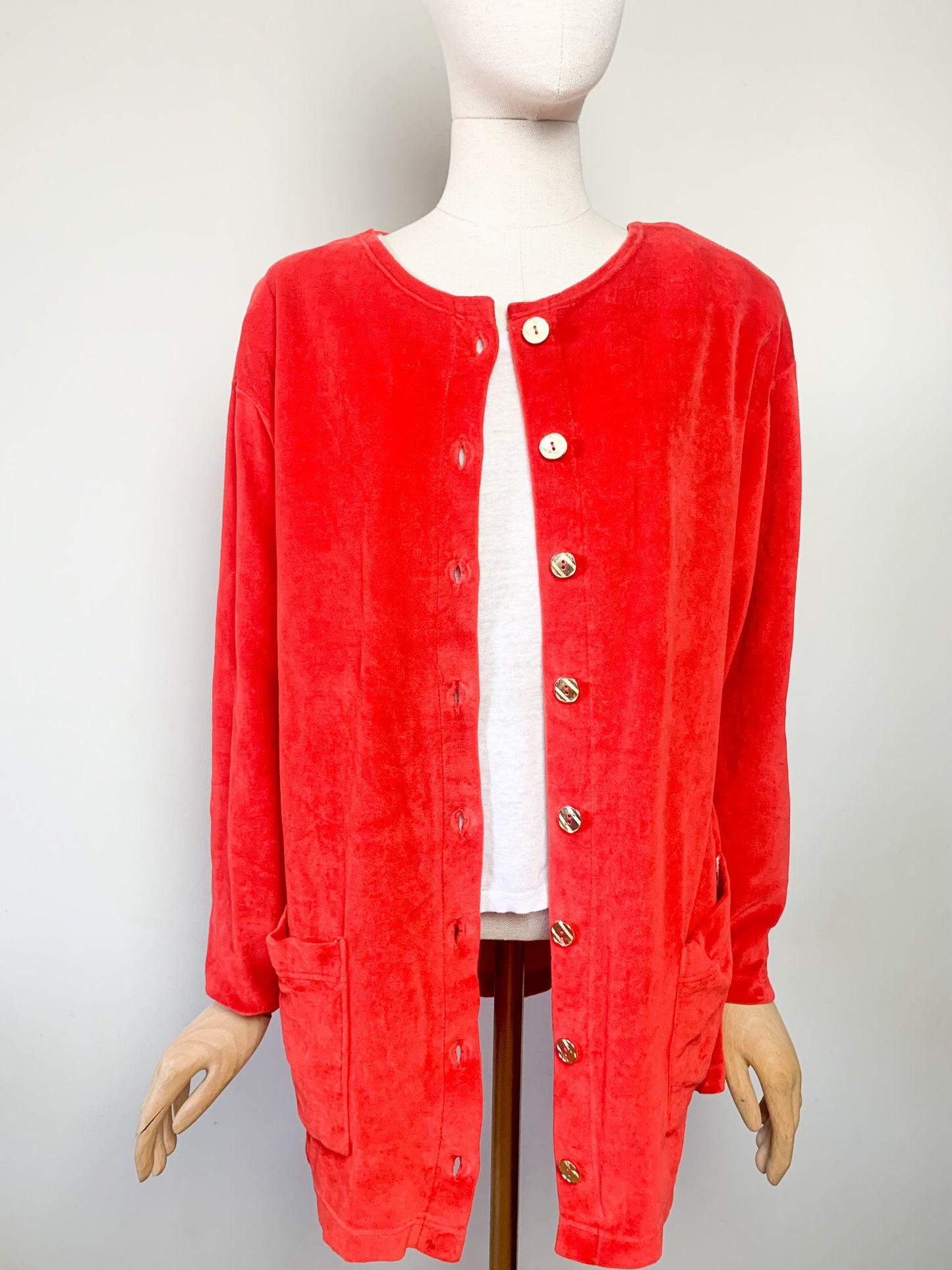 Veste Cardigan Vintage en Velours Rasé Rouge Orangé - Boutons Dorés & Épaulettes - Années 80/90 - T. 42/44 FR (L/XL)