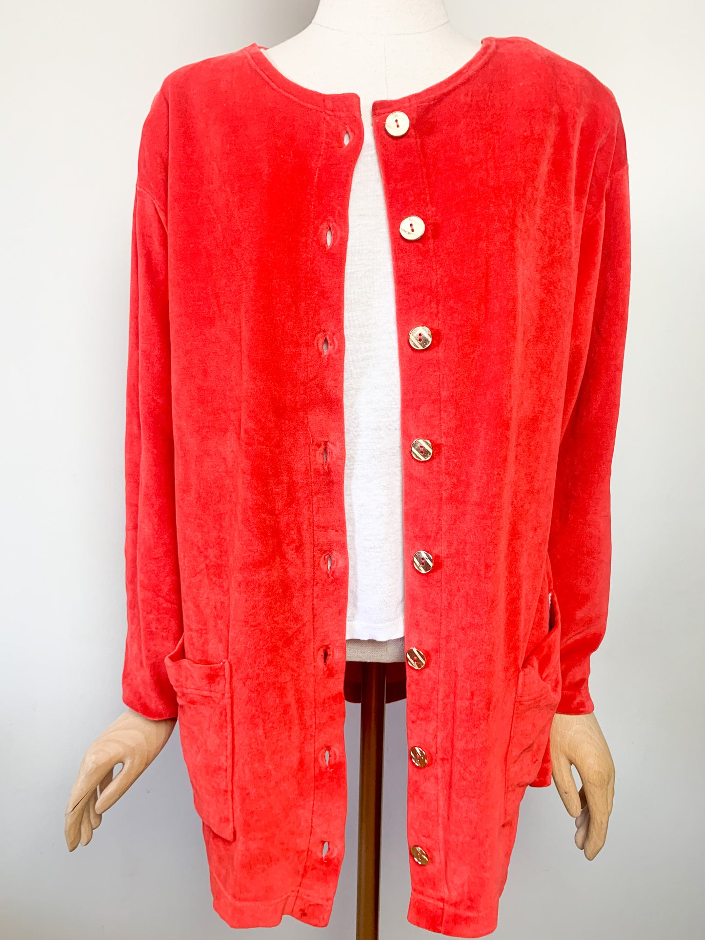 Veste Cardigan Vintage en Velours Rasé Rouge Orangé - Boutons Dorés & Épaulettes - Années 80/90 - T. 42/44 FR (L/XL)