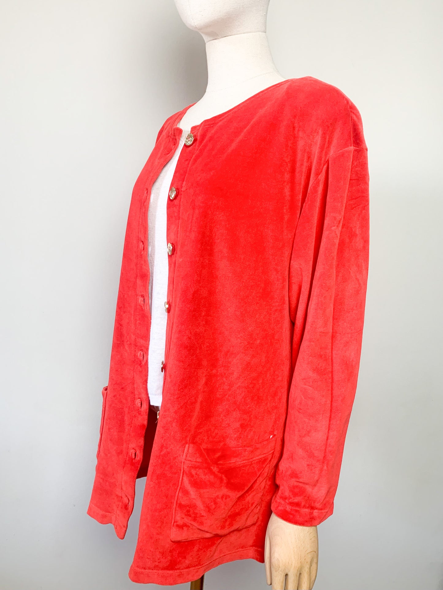 Veste Cardigan Vintage en Velours Rasé Rouge Orangé - Boutons Dorés & Épaulettes - Années 80/90 - T. 42/44 FR (L/XL)