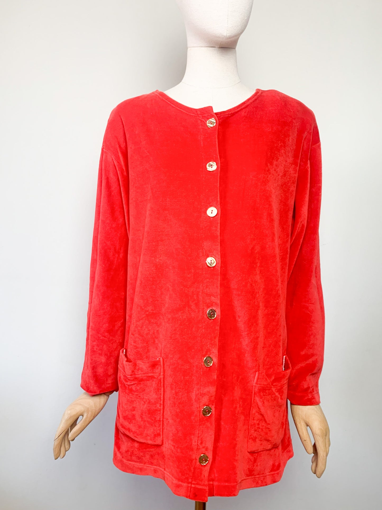 Veste Cardigan Vintage en Velours Rasé Rouge Orangé - Boutons Dorés & Épaulettes - Années 80/90 - T. 42/44 FR (L/XL)