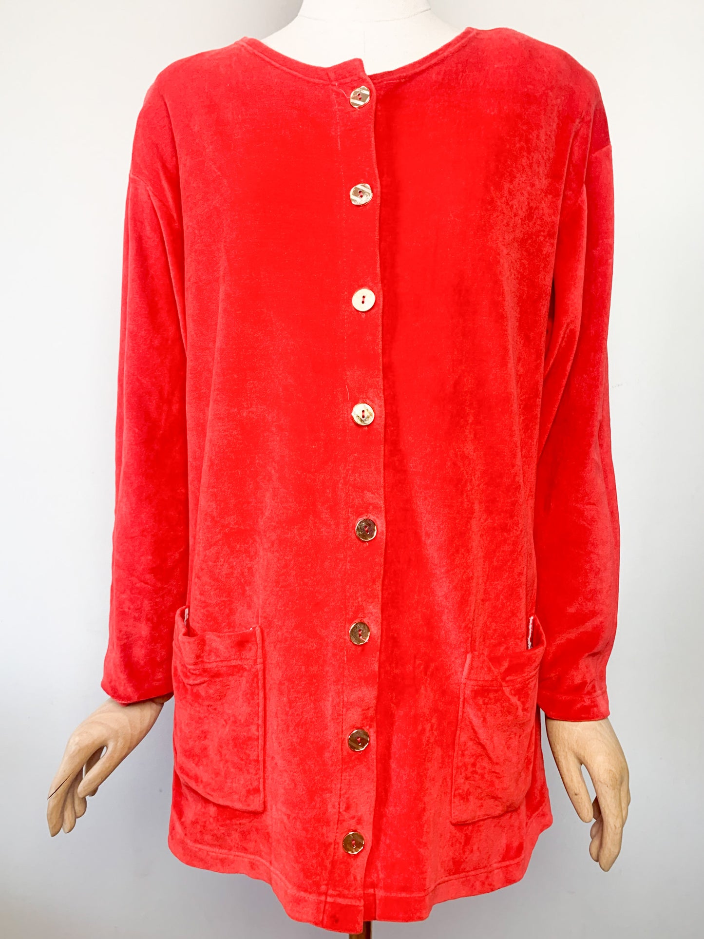Veste Cardigan Vintage en Velours Rasé Rouge Orangé - Boutons Dorés & Épaulettes - Années 80/90 - T. 42/44 FR (L/XL)