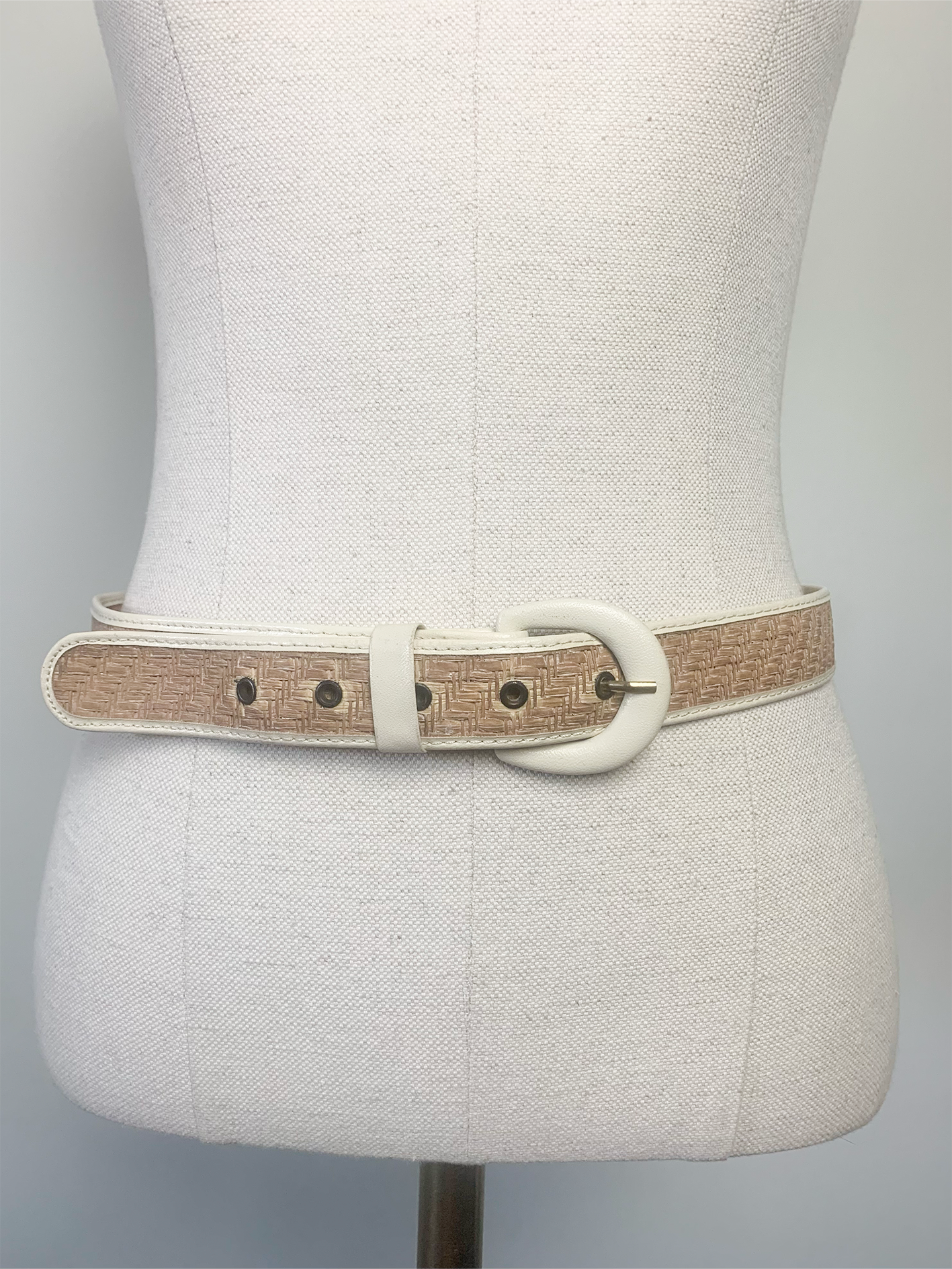 Ceinture femme bi matière raphia et simili cuir blanc vintage