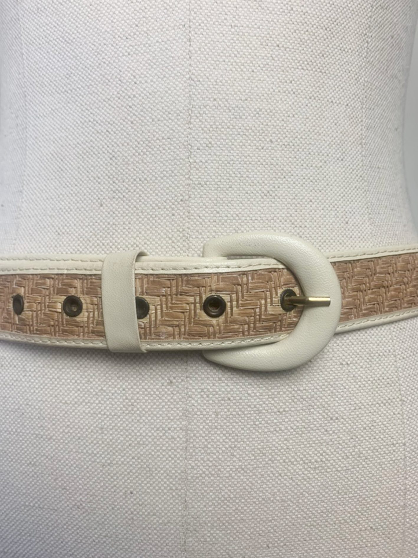 Ceinture femme bi matière raphia et simili cuir blanc vintage