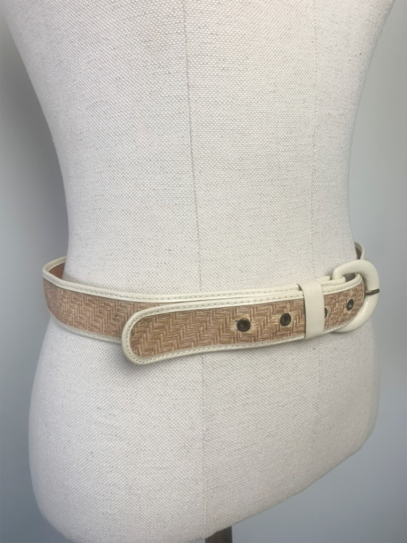 Ceinture femme bi matière raphia et simili cuir blanc vintage