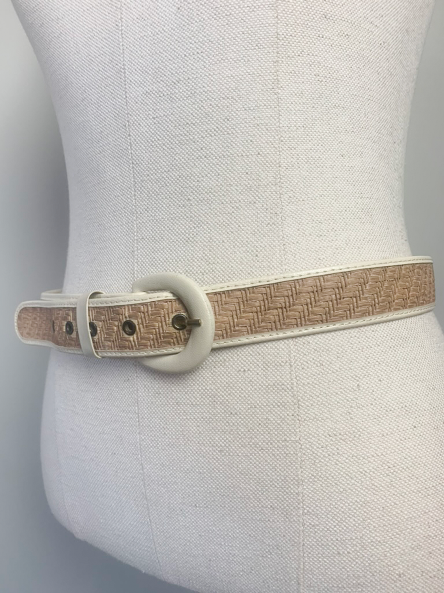 Ceinture femme bi matière raphia et simili cuir blanc vintage