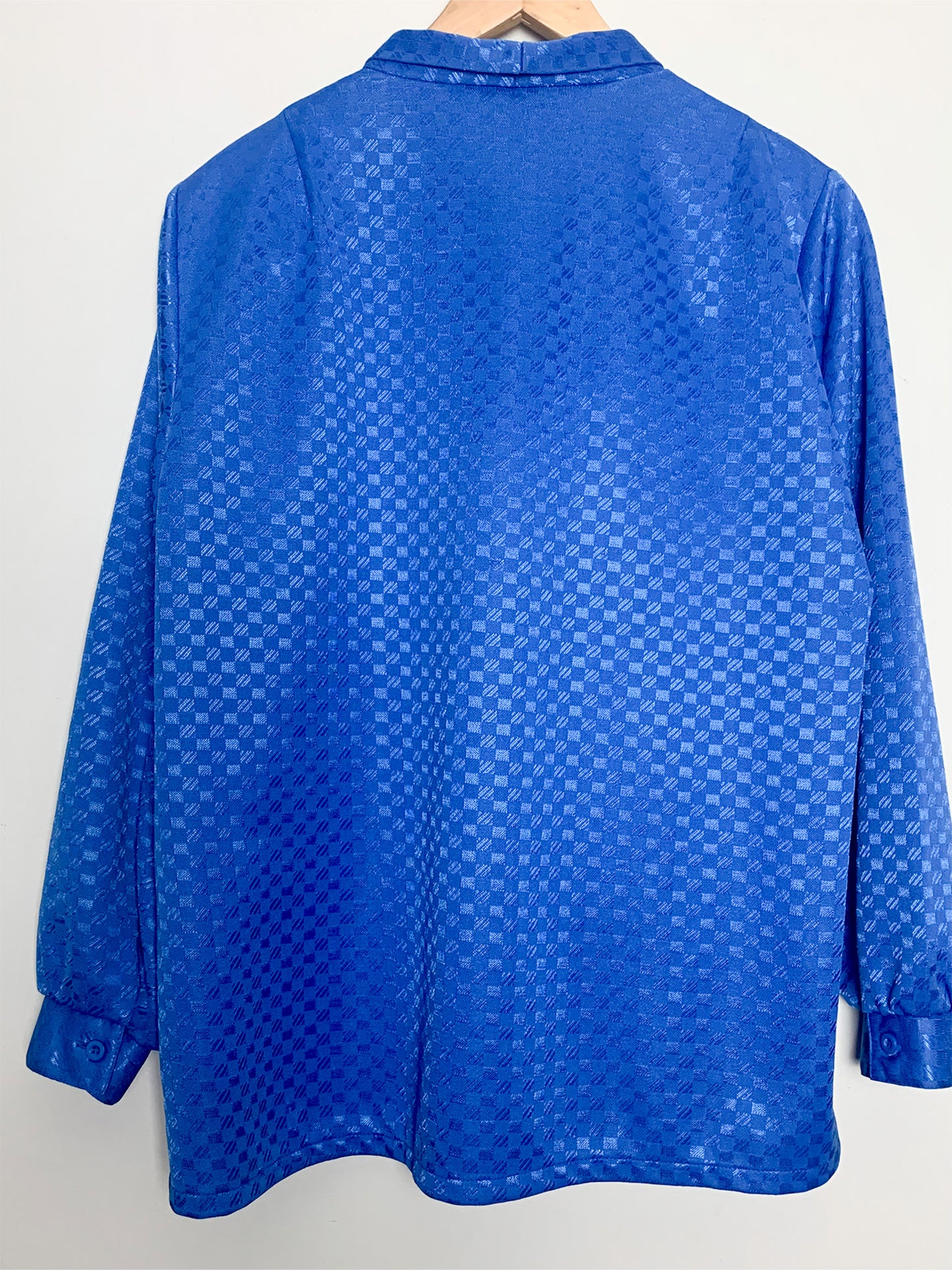 Chemisier Vintage Bleu Royal Damassé Col Cravate - Épaules Structurées - Années 80 - T. 38/40 FR (M/L)