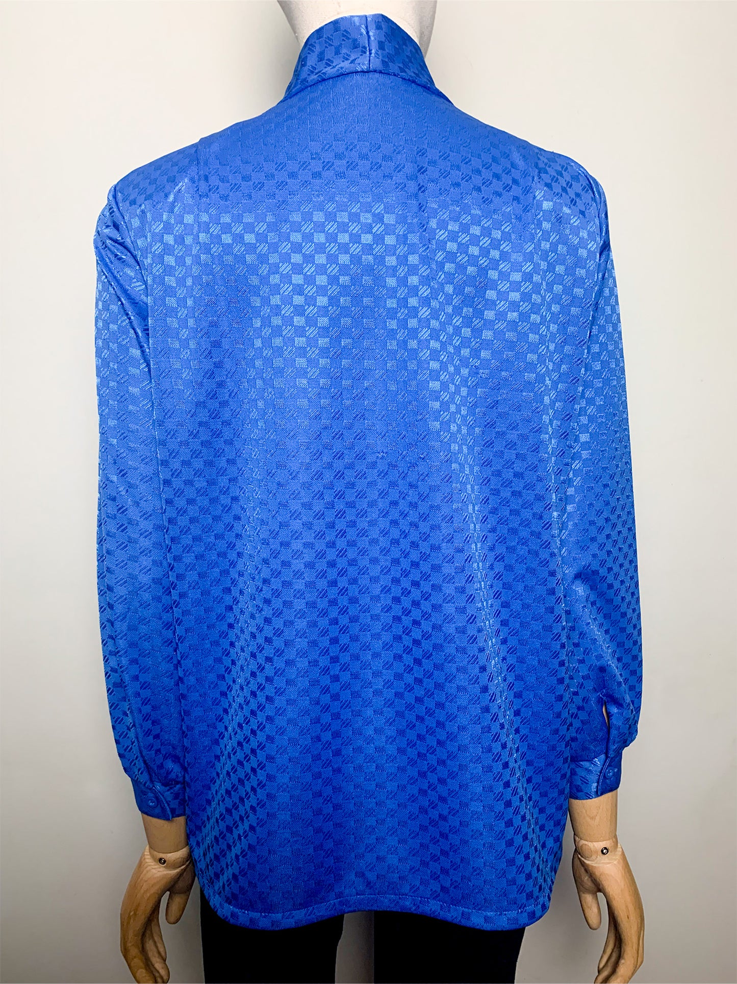 Chemisier Vintage Bleu Royal Damassé Col Cravate - Épaules Structurées - Années 80 - T. 38/40 FR (M/L)