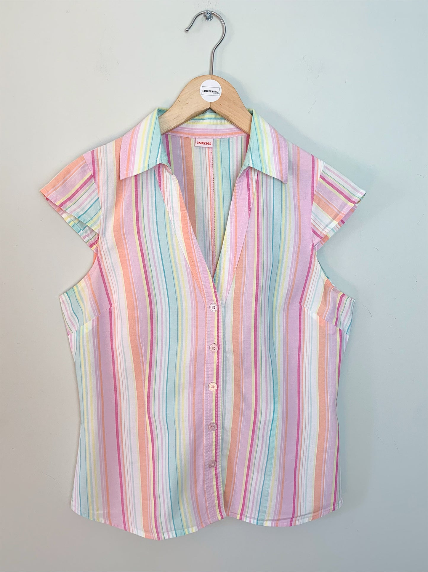Top manches mancherons col chemise rayé couleurs pastels vintage