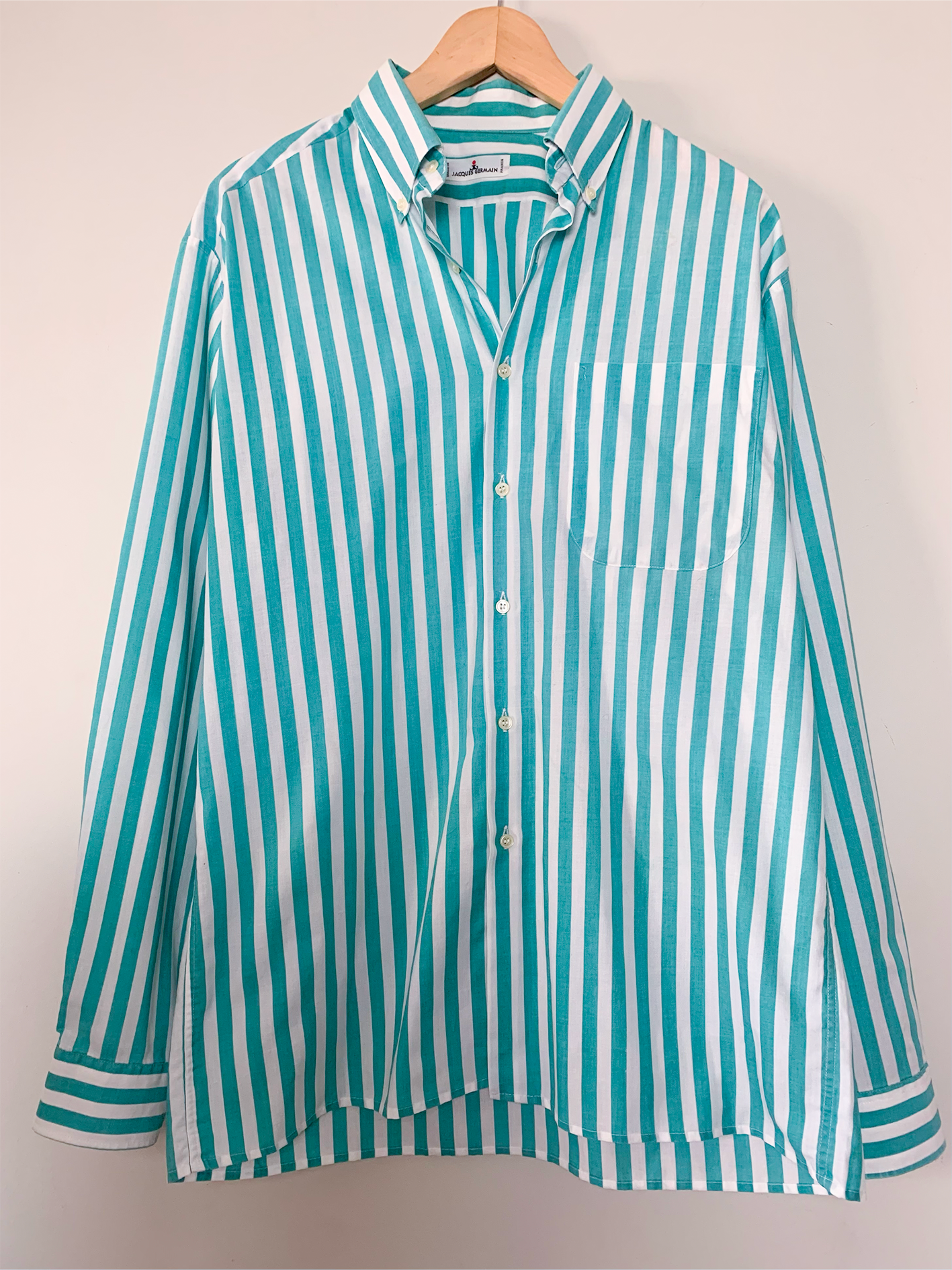 Chemise unisexe rayée blanche et turquoise Jacques Germain