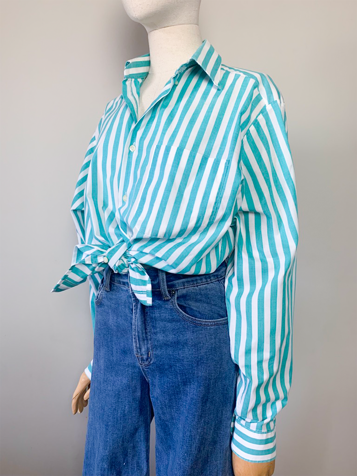 Chemise unisexe rayée blanche et turquoise Jacques Germain