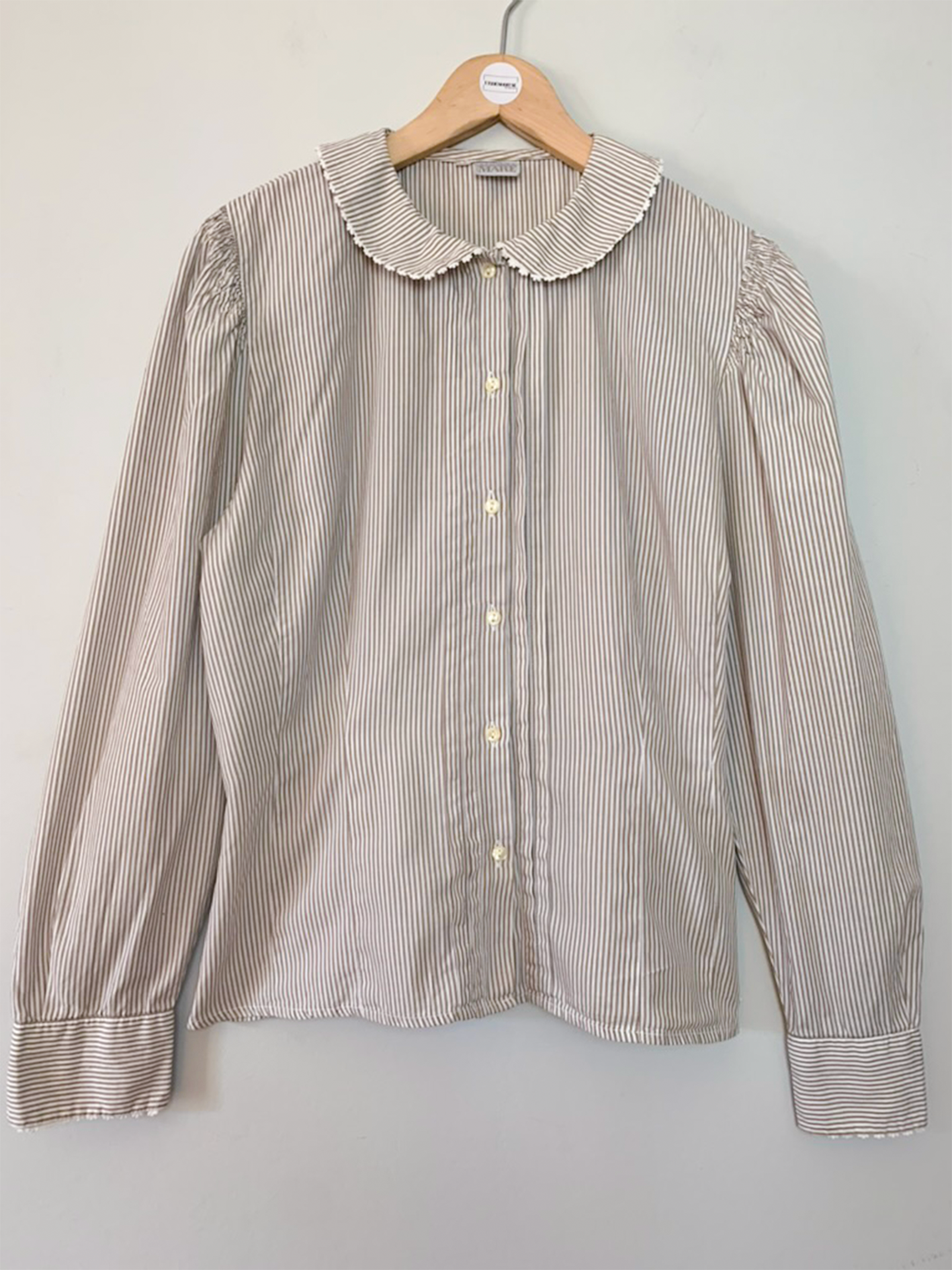 Chemise chemisier col Claudine rayée blanche et beige vintage