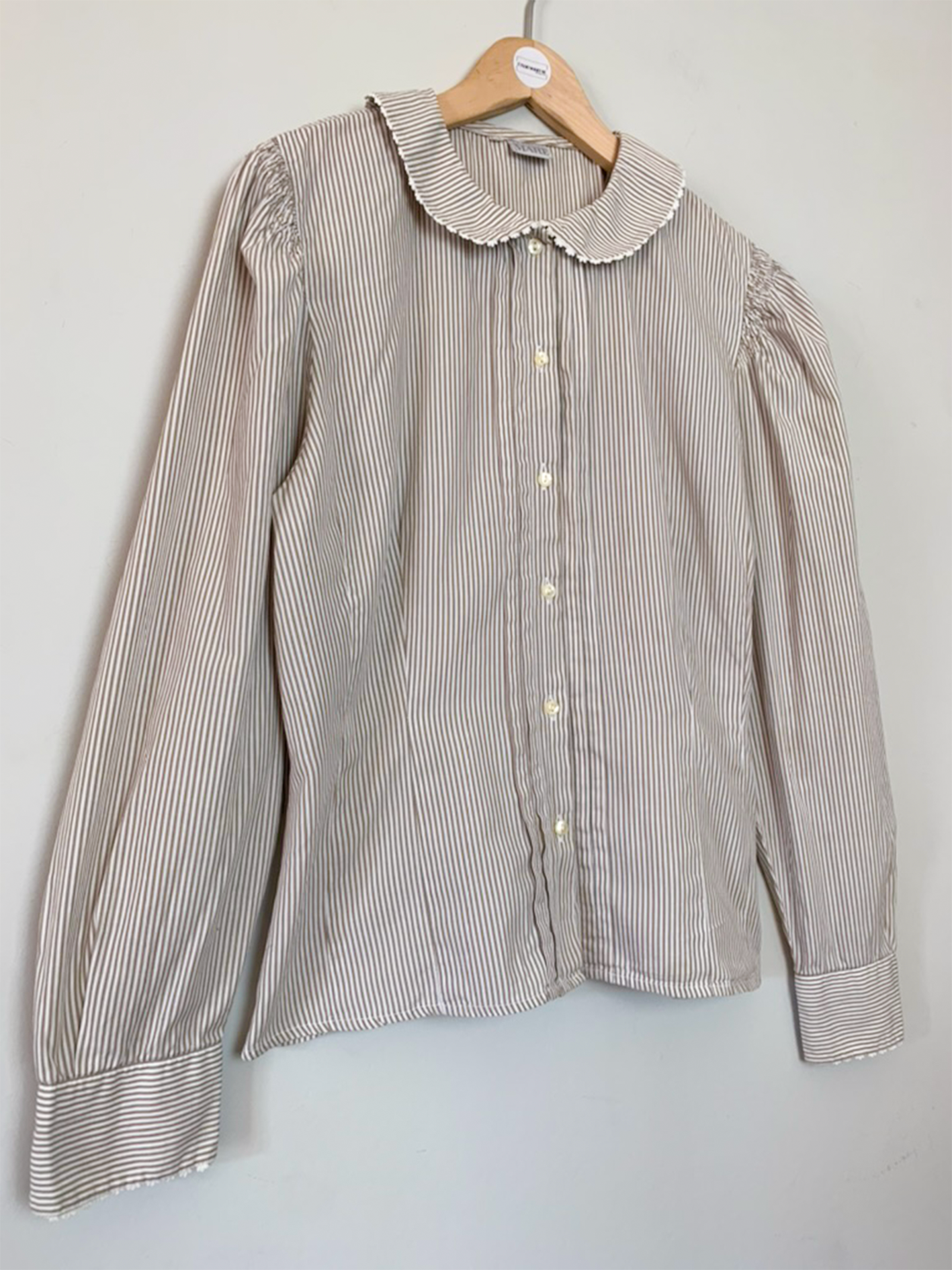 Chemise chemisier col Claudine rayée blanche et beige vintage