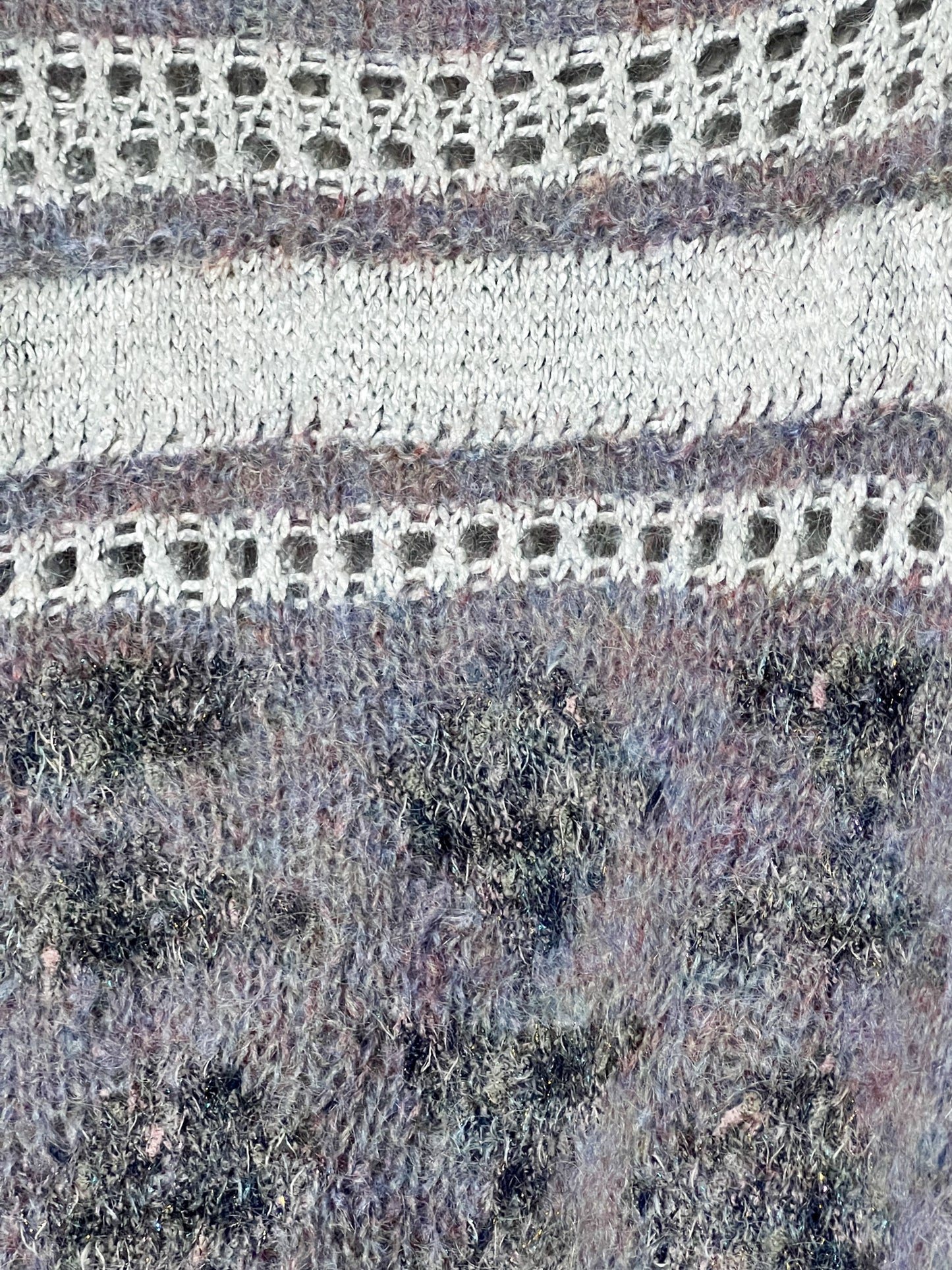 Pull Vintage Tricoté Main - Angora, Mohair, Laine - Bleu Gris Mauve et scintillant T 38/40