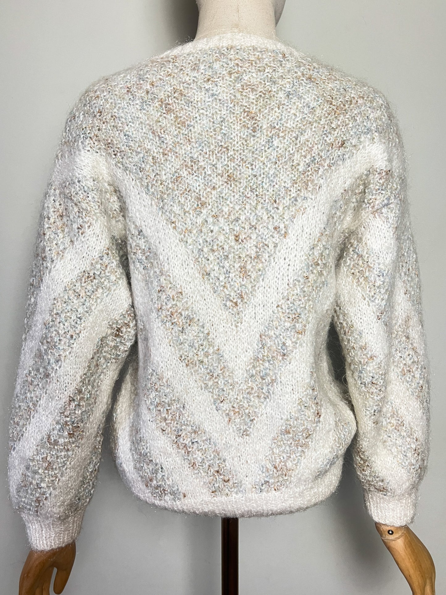 Pull Vintage Tricoté Main - Laine & Fils Métallisés Scintillants - Coupe Courte T 38 (M)