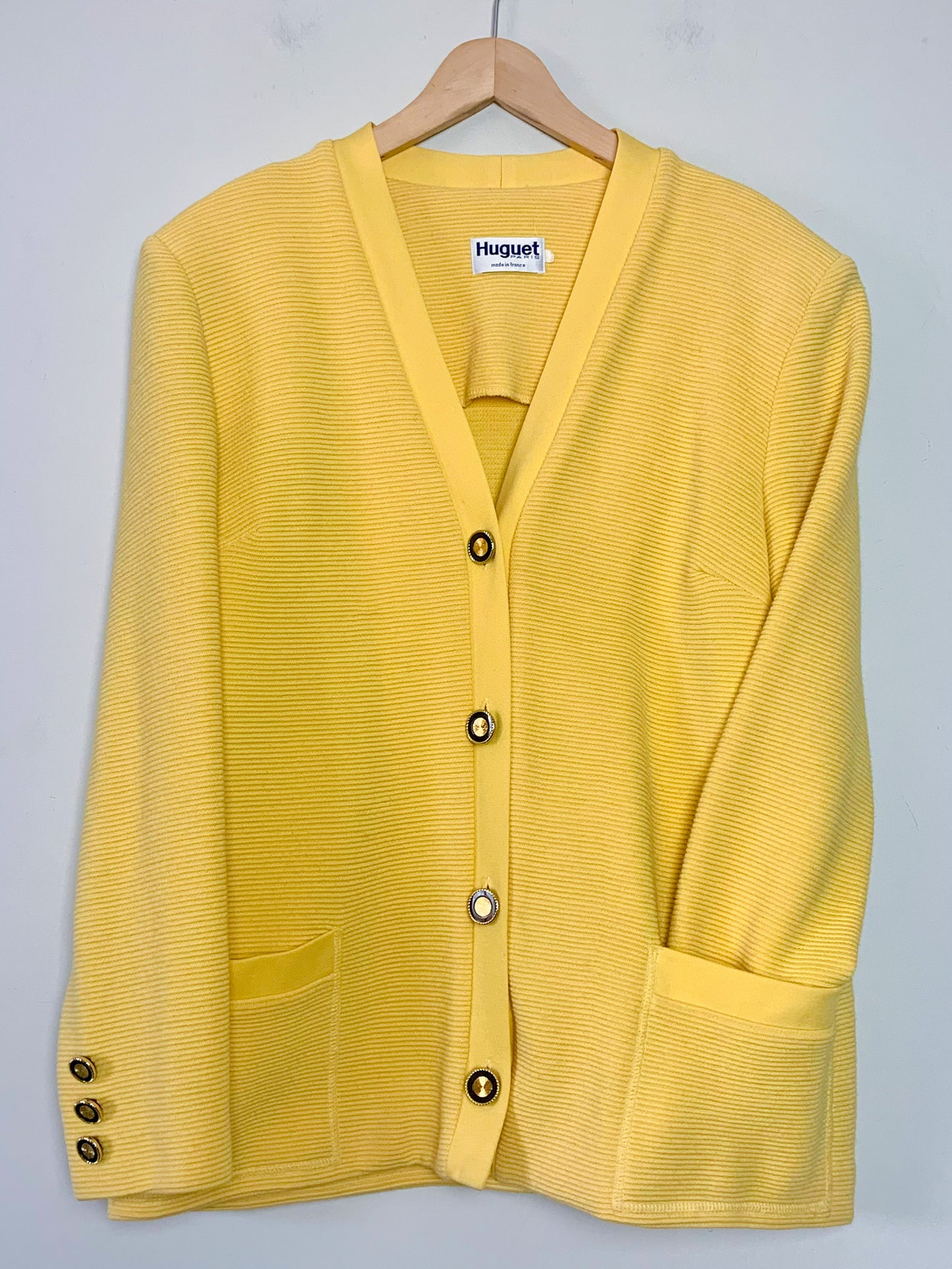 Cardigan Veste Vintage Huguet Paris - Laine & Acrylique - Jaune Citron - Boutons Bijoux Dorés - Années 80/90 - T. 44 FR (XXL)