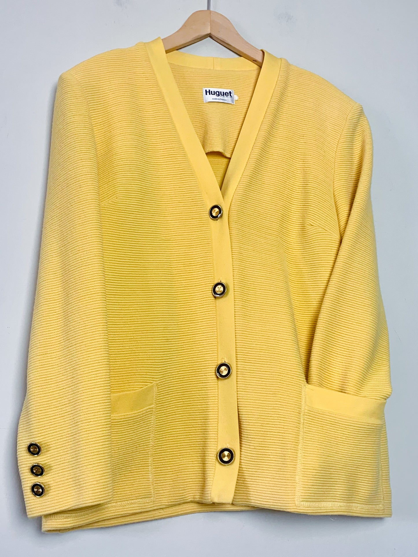 Cardigan Veste Vintage Huguet Paris - Laine & Acrylique - Jaune Citron - Boutons Bijoux Dorés - Années 80/90 - T. 44 FR (XXL)