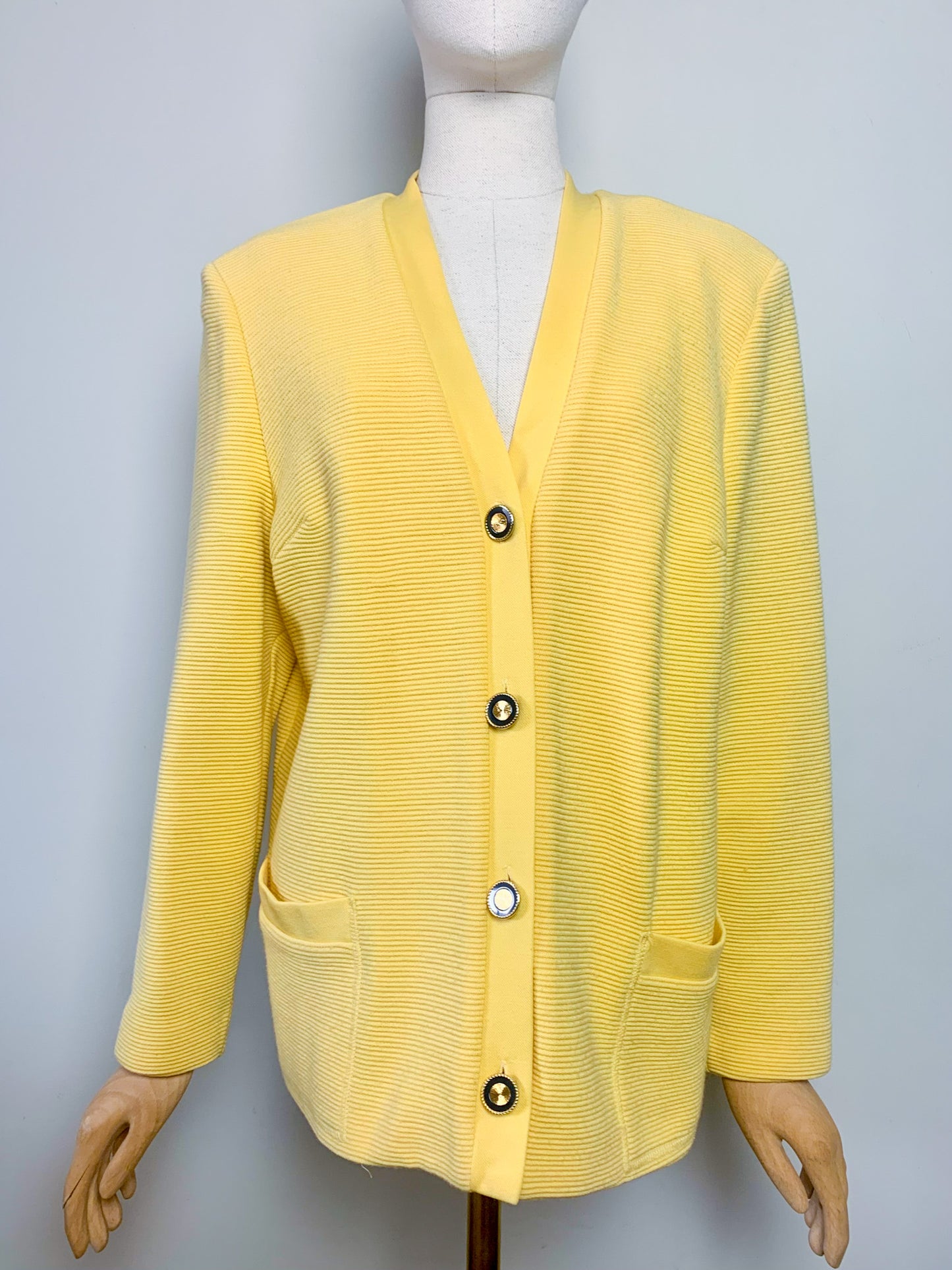 Cardigan Veste Vintage Huguet Paris - Laine & Acrylique - Jaune Citron - Boutons Bijoux Dorés - Années 80/90 - T. 44 FR (XXL)