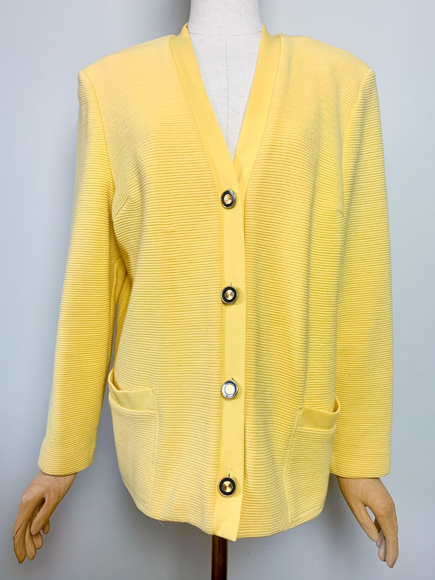 Cardigan Veste Vintage Huguet Paris - Laine & Acrylique - Jaune Citron - Boutons Bijoux Dorés - Années 80/90 - T. 44 FR (XXL)