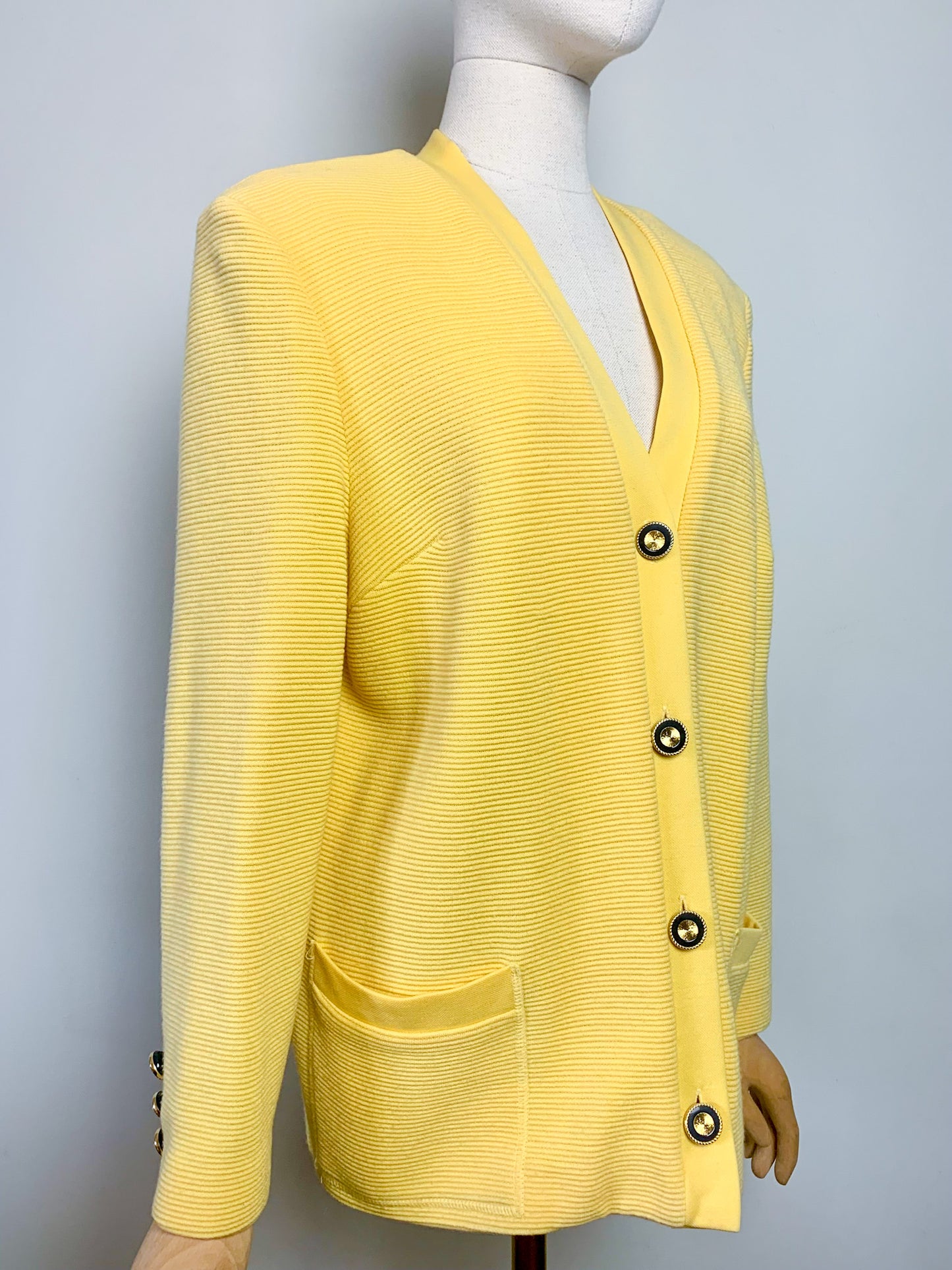 Cardigan Veste Vintage Huguet Paris - Laine & Acrylique - Jaune Citron - Boutons Bijoux Dorés - Années 80/90 - T. 44 FR (XXL)
