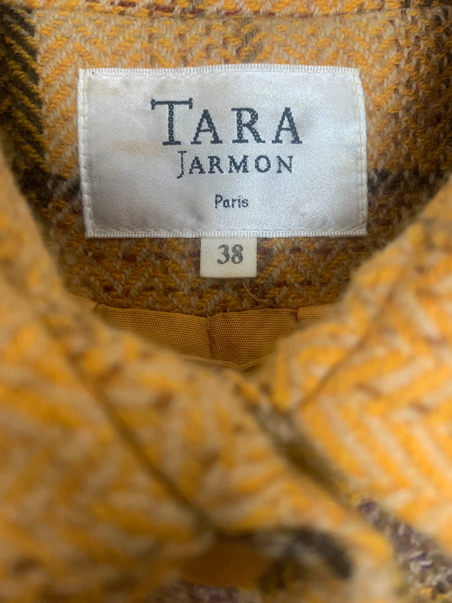 Manteau moutarde gros carreaux violet beige 100% laine Tara Jarmon
