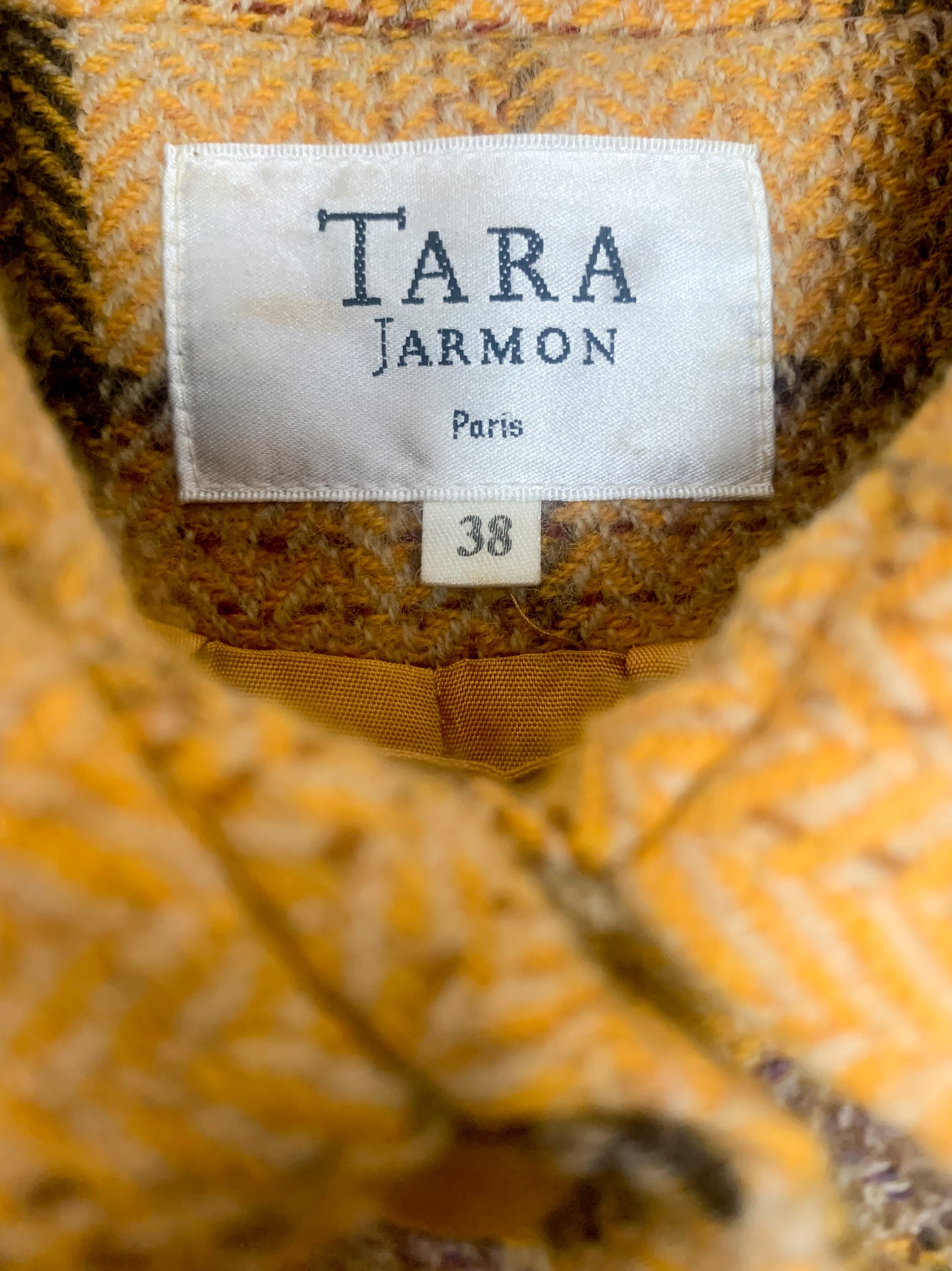 Veste-Manteau Tara Jarmon Alpine Vintage - 100% Laine Carreaux Moutarde & Violet - Fabriqué en France - T. 38