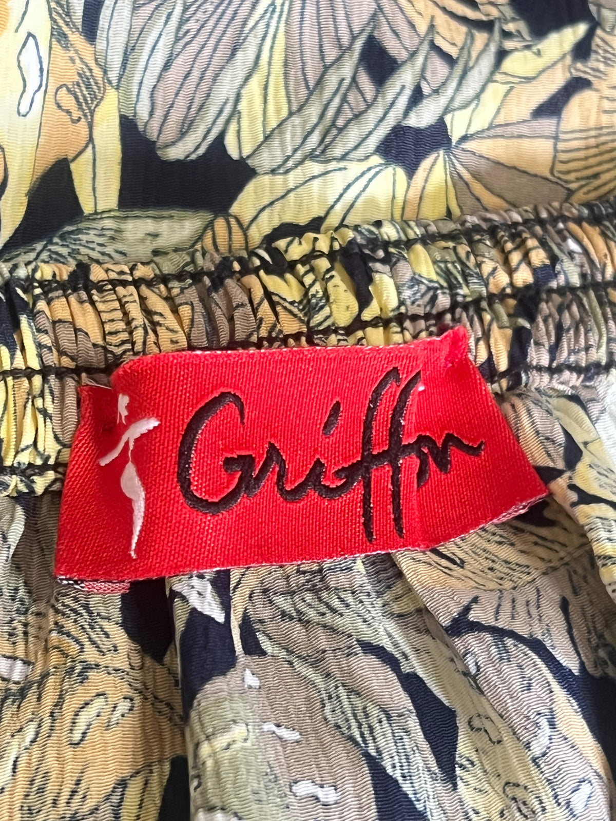 Jupe midi fluide vintage années 80 imprimé tropical kaki beige Griffon T36 38