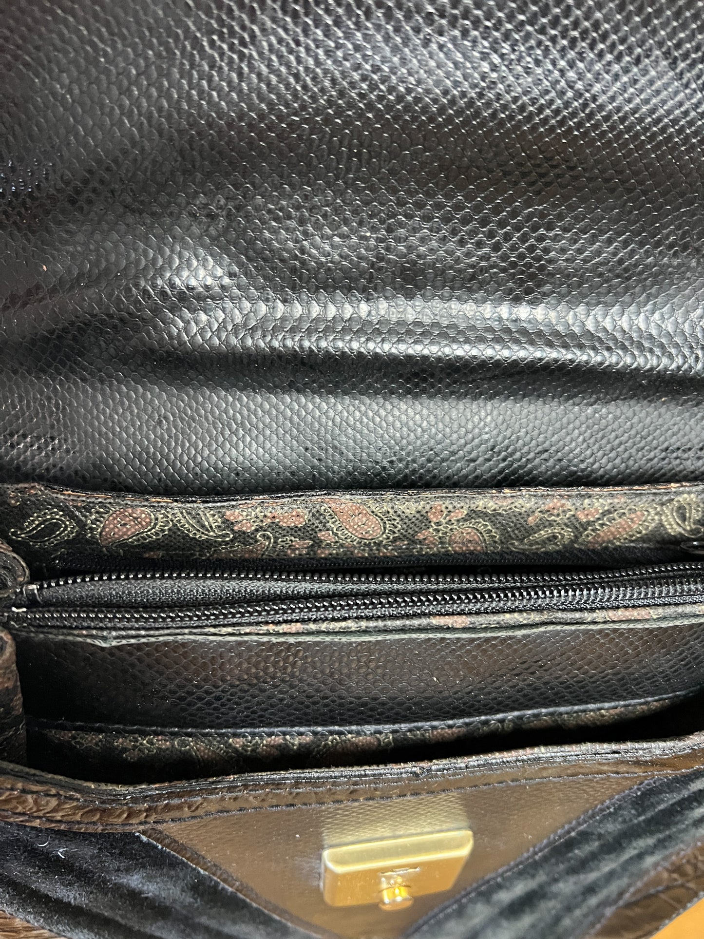 Sac à main Vintage Noir Patchwork Cuir & Daim - Anse Rigide Dorée - Bandoulière Amovible - Années 80 - Rétro Chic