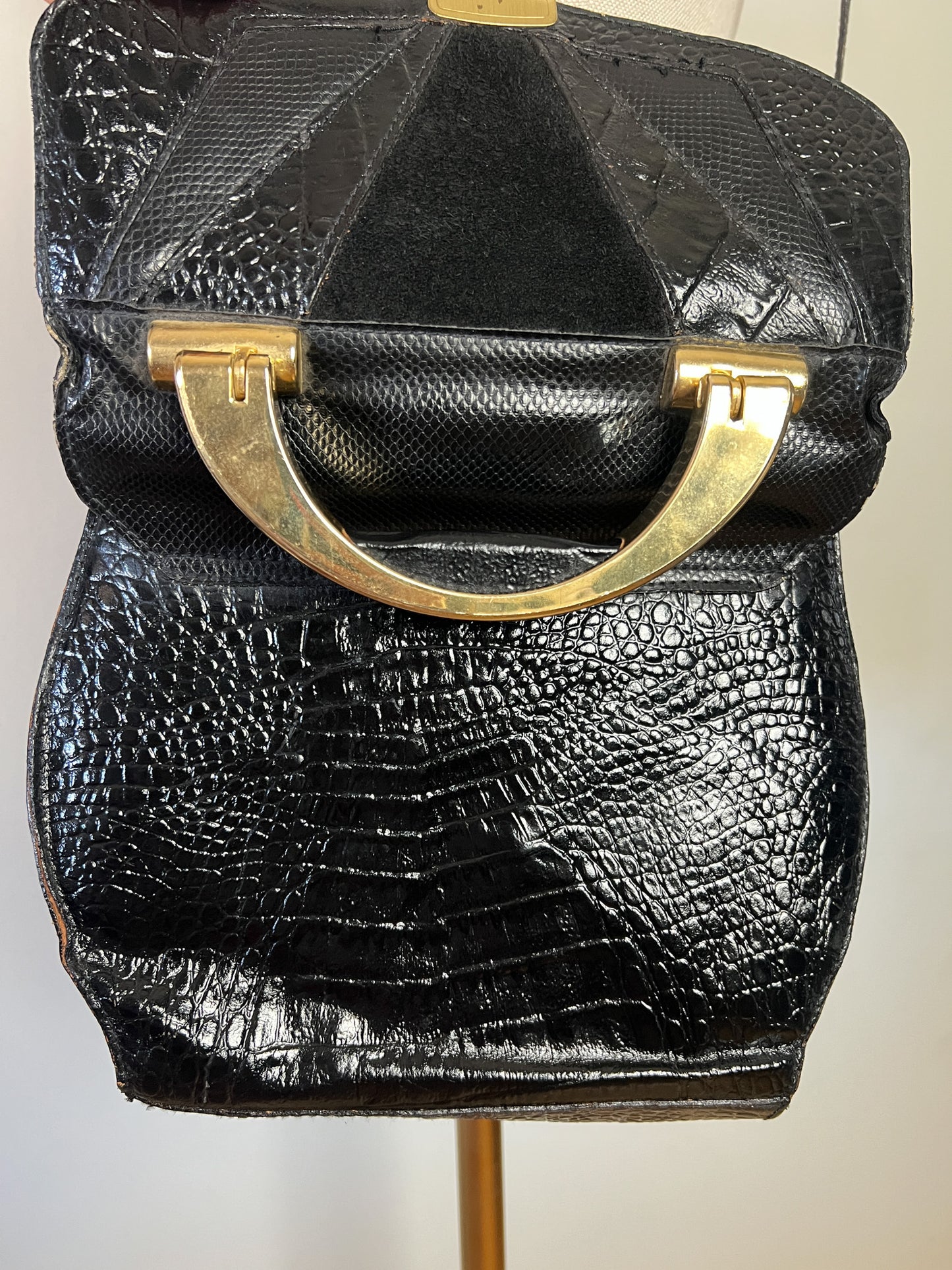 Sac à main Vintage Noir Patchwork Cuir & Daim - Anse Rigide Dorée - Bandoulière Amovible - Années 80 - Rétro Chic