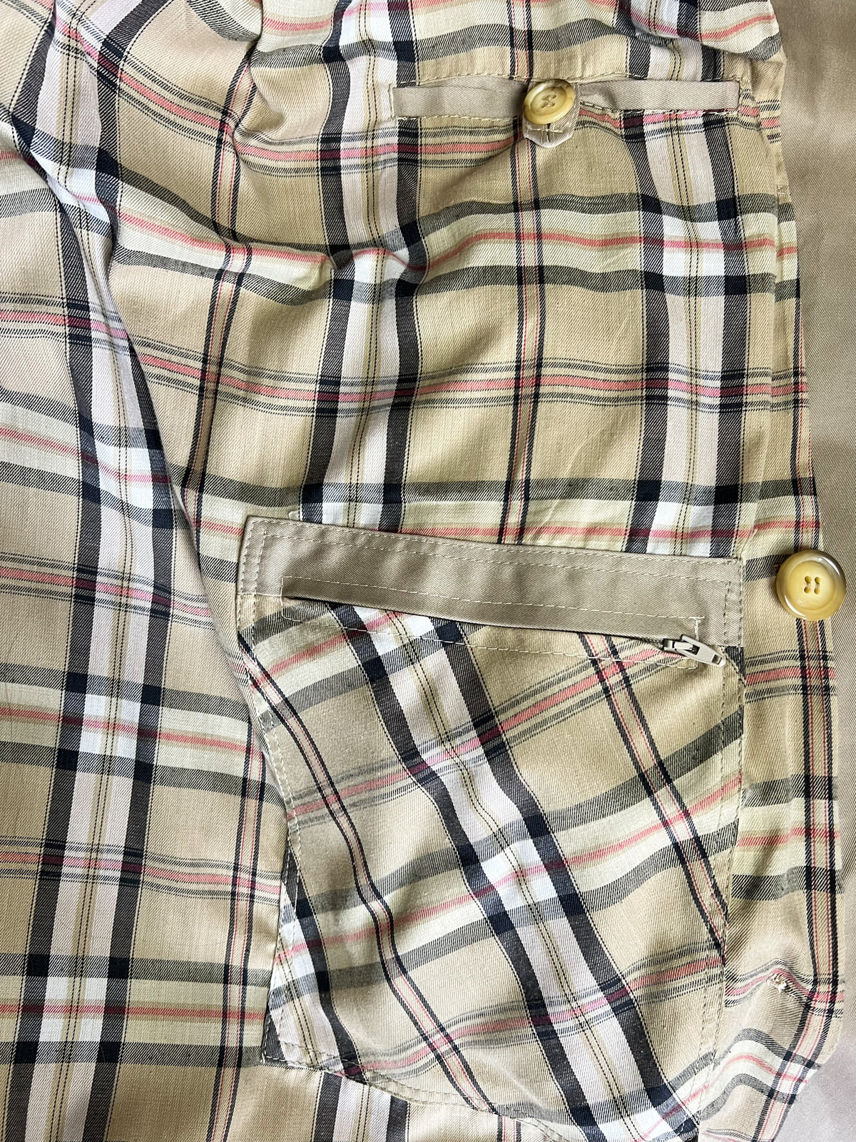 Trench 3/4 vintage beige ambré — Doublure tartan — Coupe militaire traditionnelle — L/XL (Mixte)