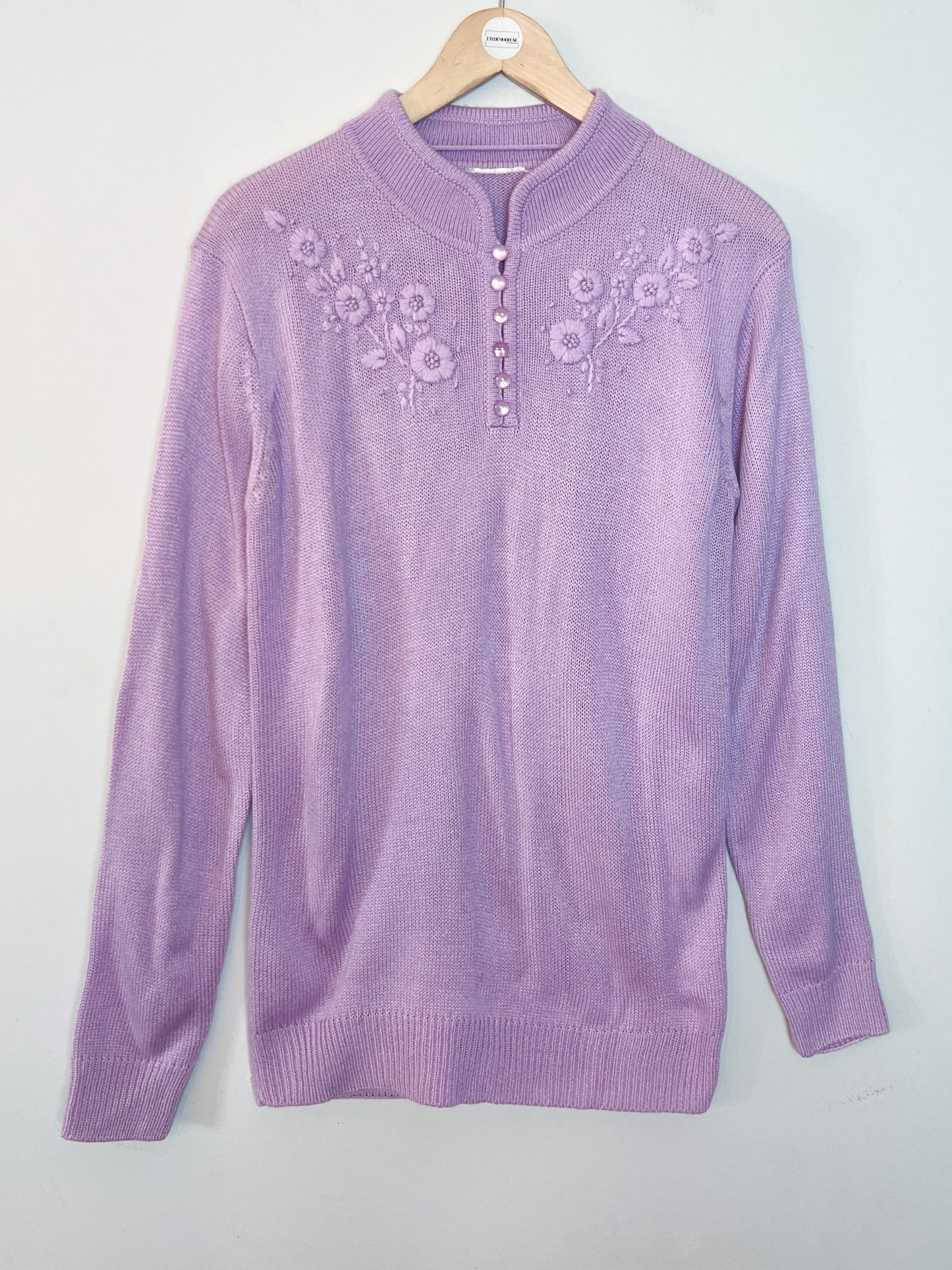 Pull Vintage Col Mao Brodée Lila - Taille 38/40