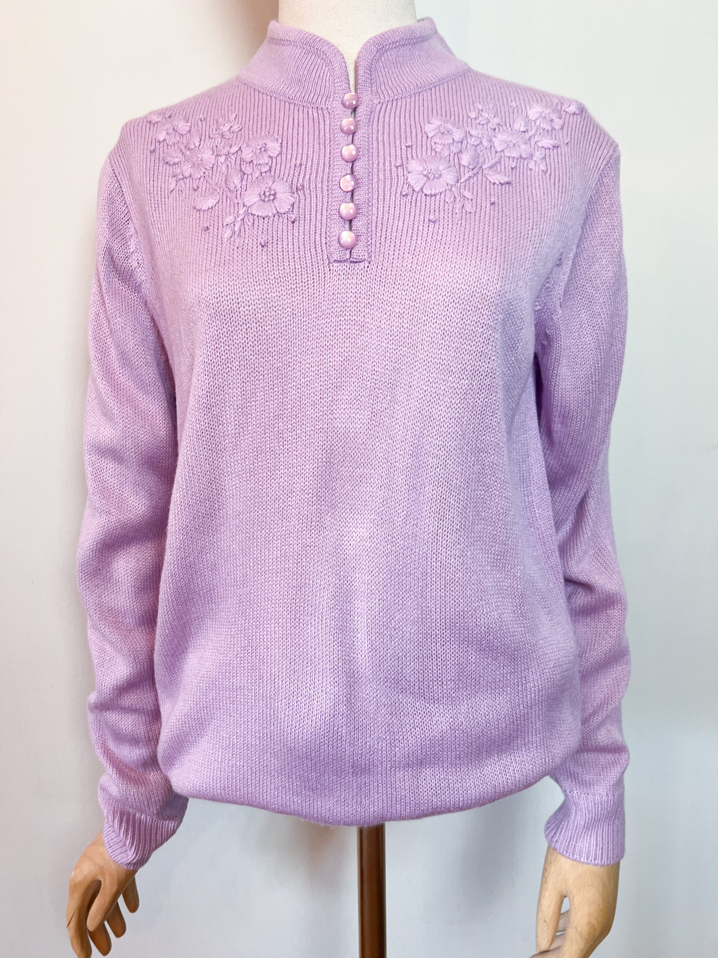 Pull Vintage Col Mao Brodée Lila - Taille 38/40