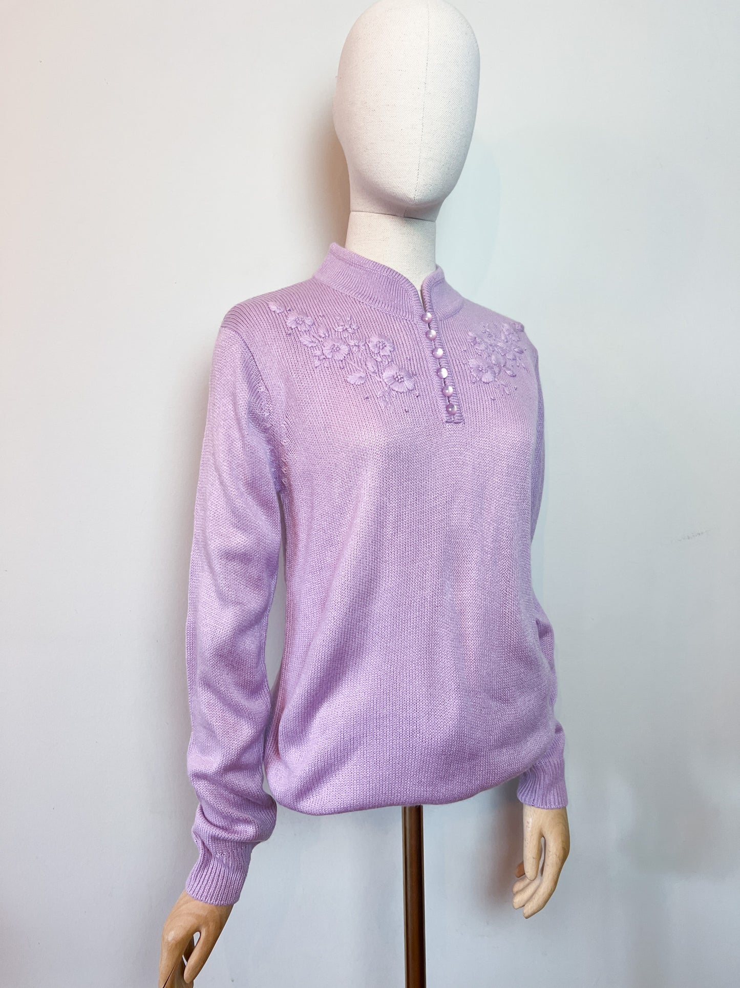 Pull Vintage Col Mao Brodée Lila - Taille 38/40