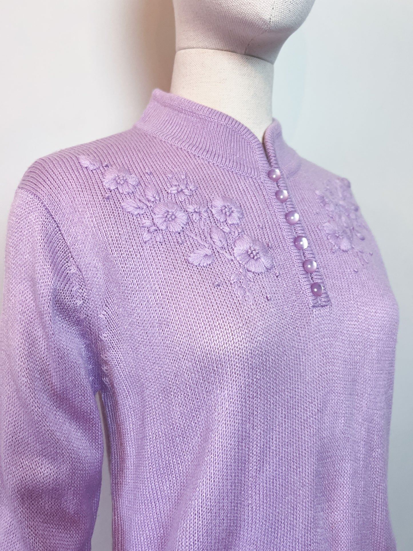 Pull Vintage Col Mao Brodée Lila - Taille 38/40