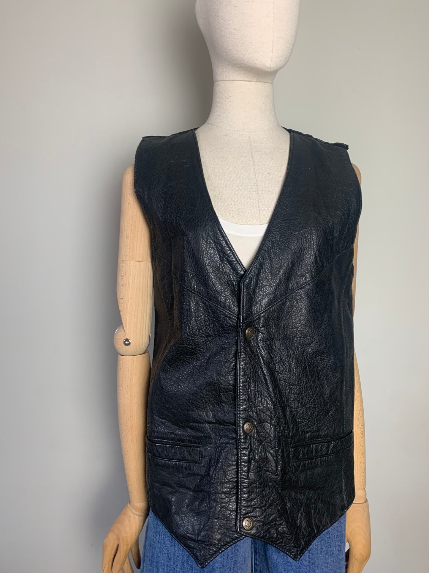 Veste en cuir noir sans manche vintage
