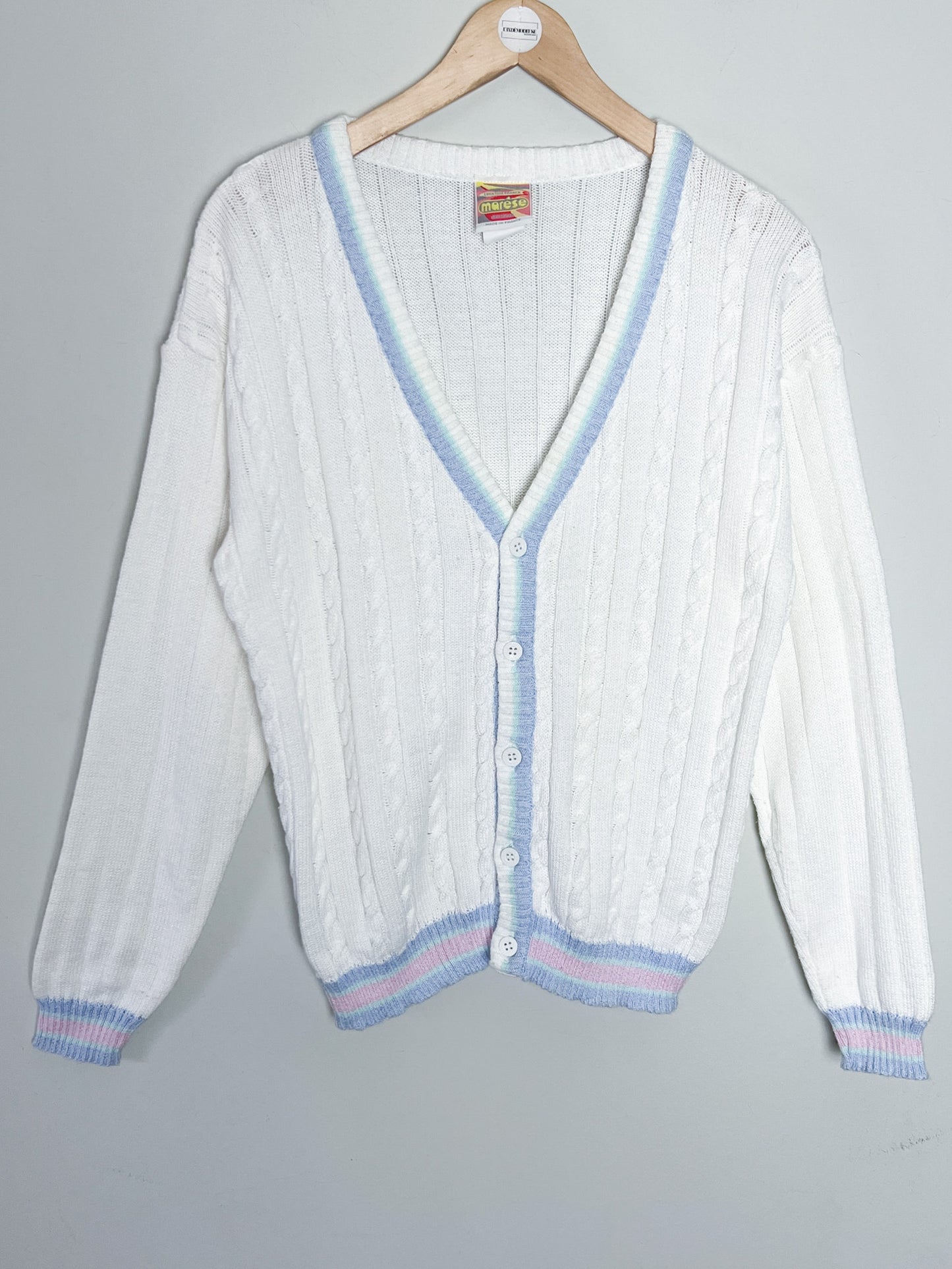 Cardigan Vintage Marèse en Coton - Torsades & Bandes Pastels - T. 36/38