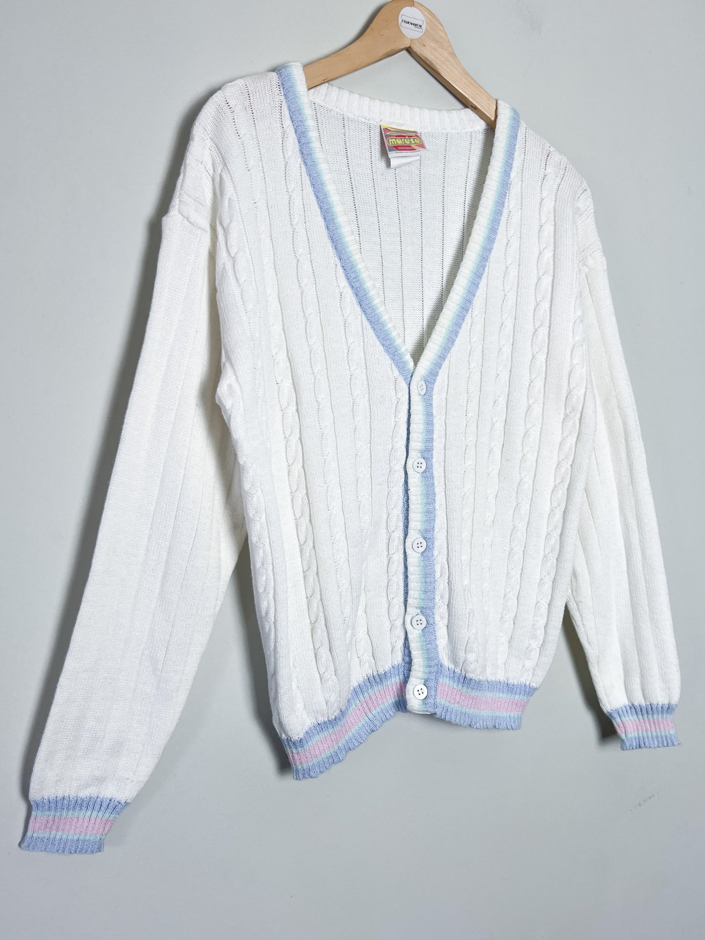 Cardigan Vintage Marèse en Coton - Torsades & Bandes Pastels - T. 36/38