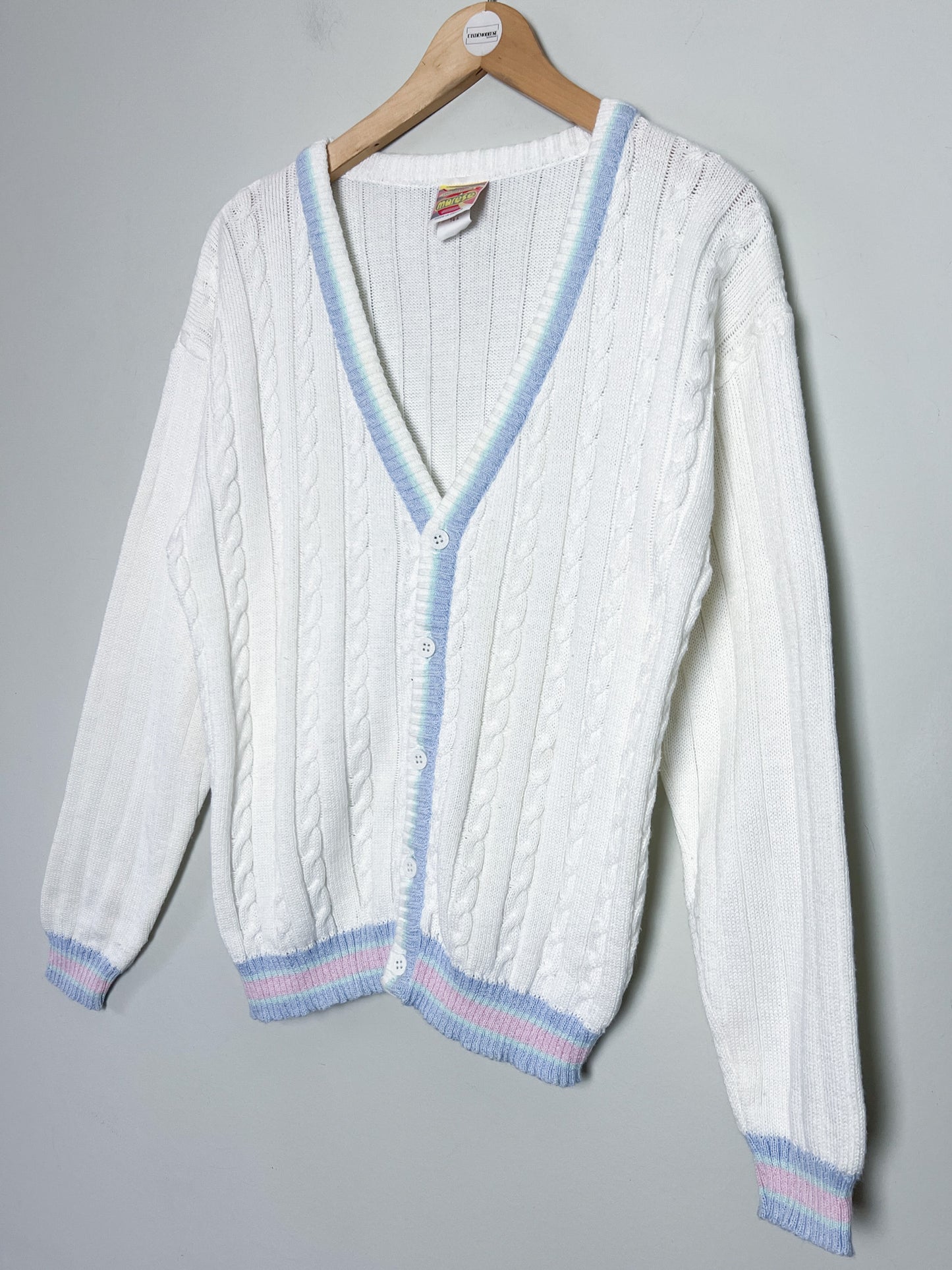 Cardigan Vintage Marèse en Coton - Torsades & Bandes Pastels - T. 36/38