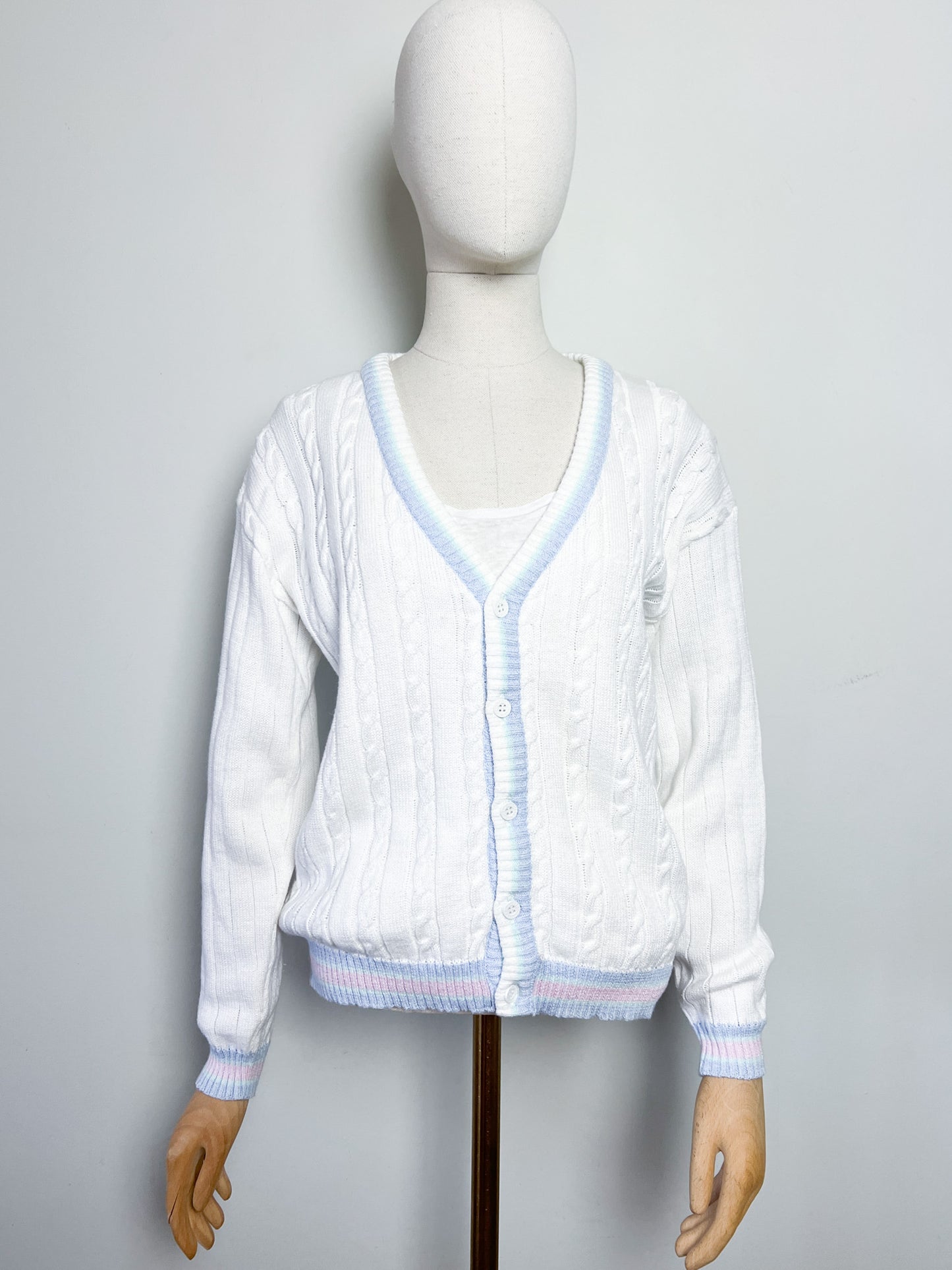 Cardigan Vintage Marèse en Coton - Torsades & Bandes Pastels - T. 36/38