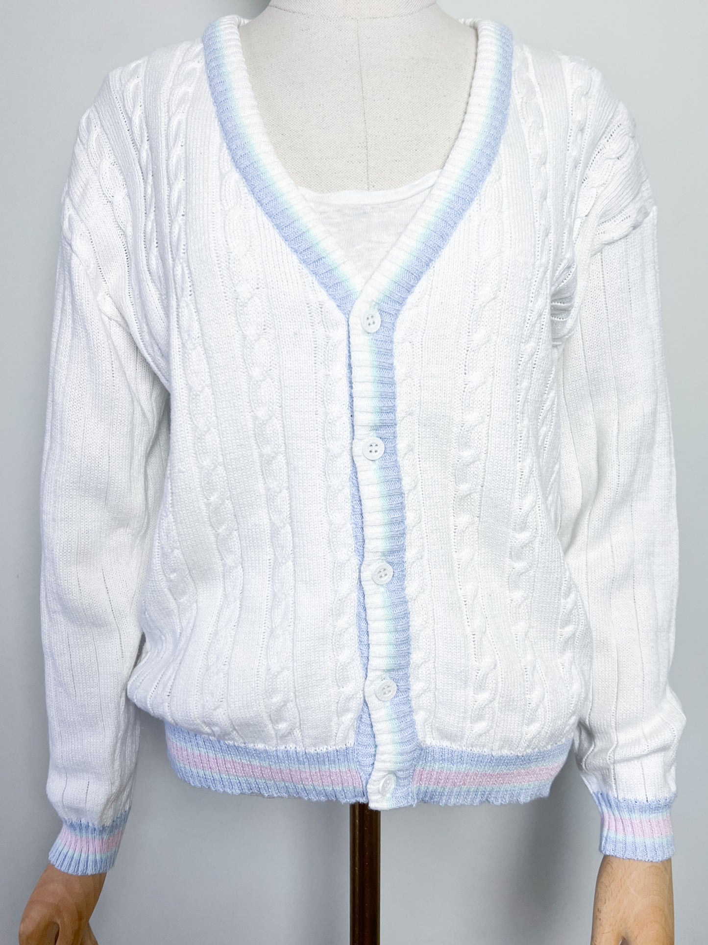 Cardigan Vintage Marèse en Coton - Torsades & Bandes Pastels - T. 36/38
