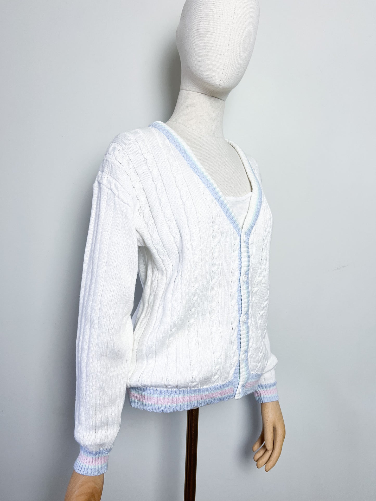 Cardigan Vintage Marèse en Coton - Torsades & Bandes Pastels - T. 36/38