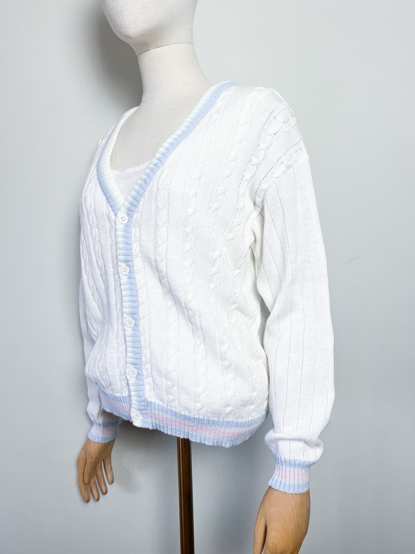 Cardigan Vintage Marèse en Coton - Torsades & Bandes Pastels - T. 36/38
