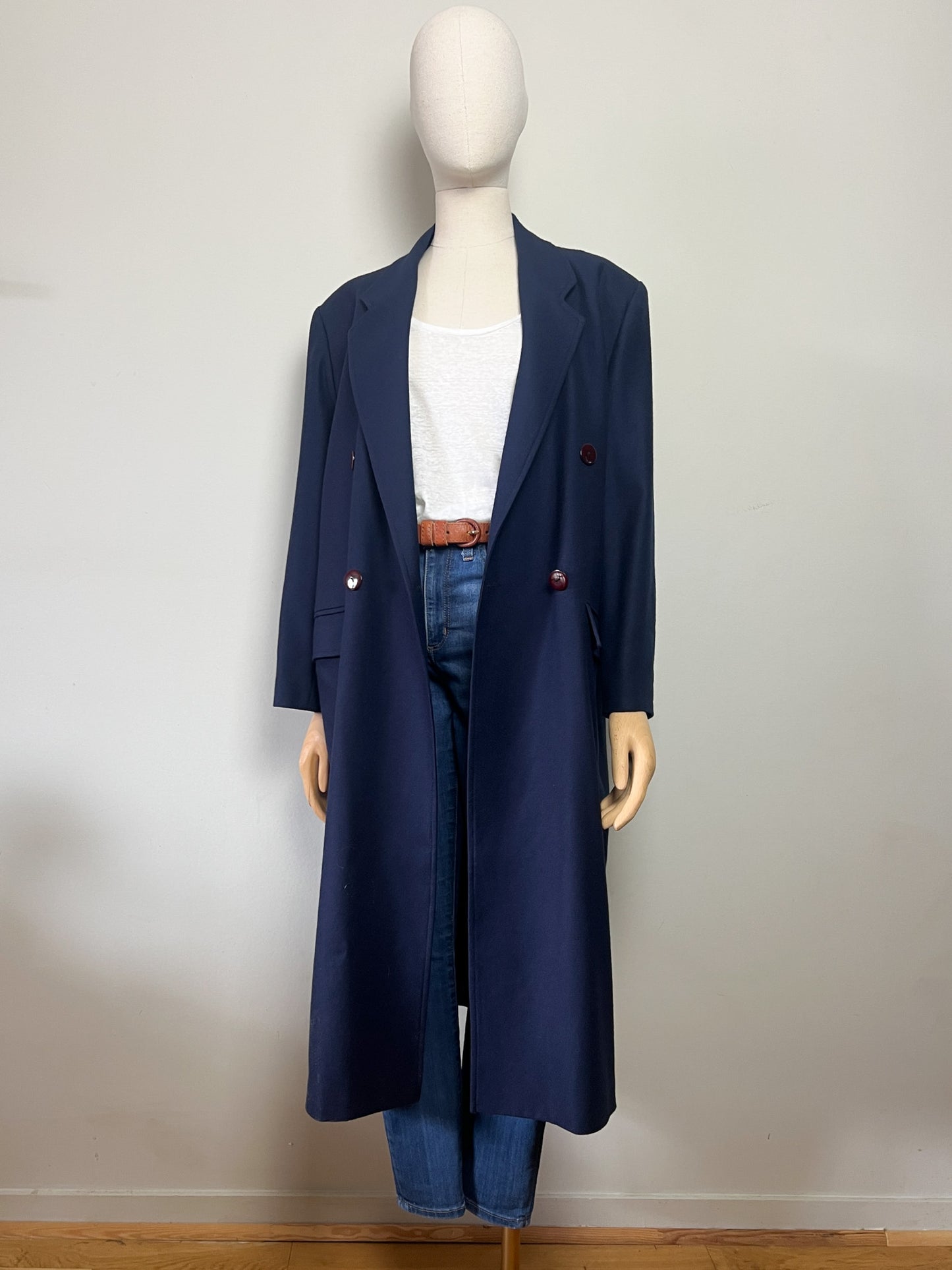 Manteau Long Vintage 100% Laine Marine - Fabriqué en France - T. 40/42