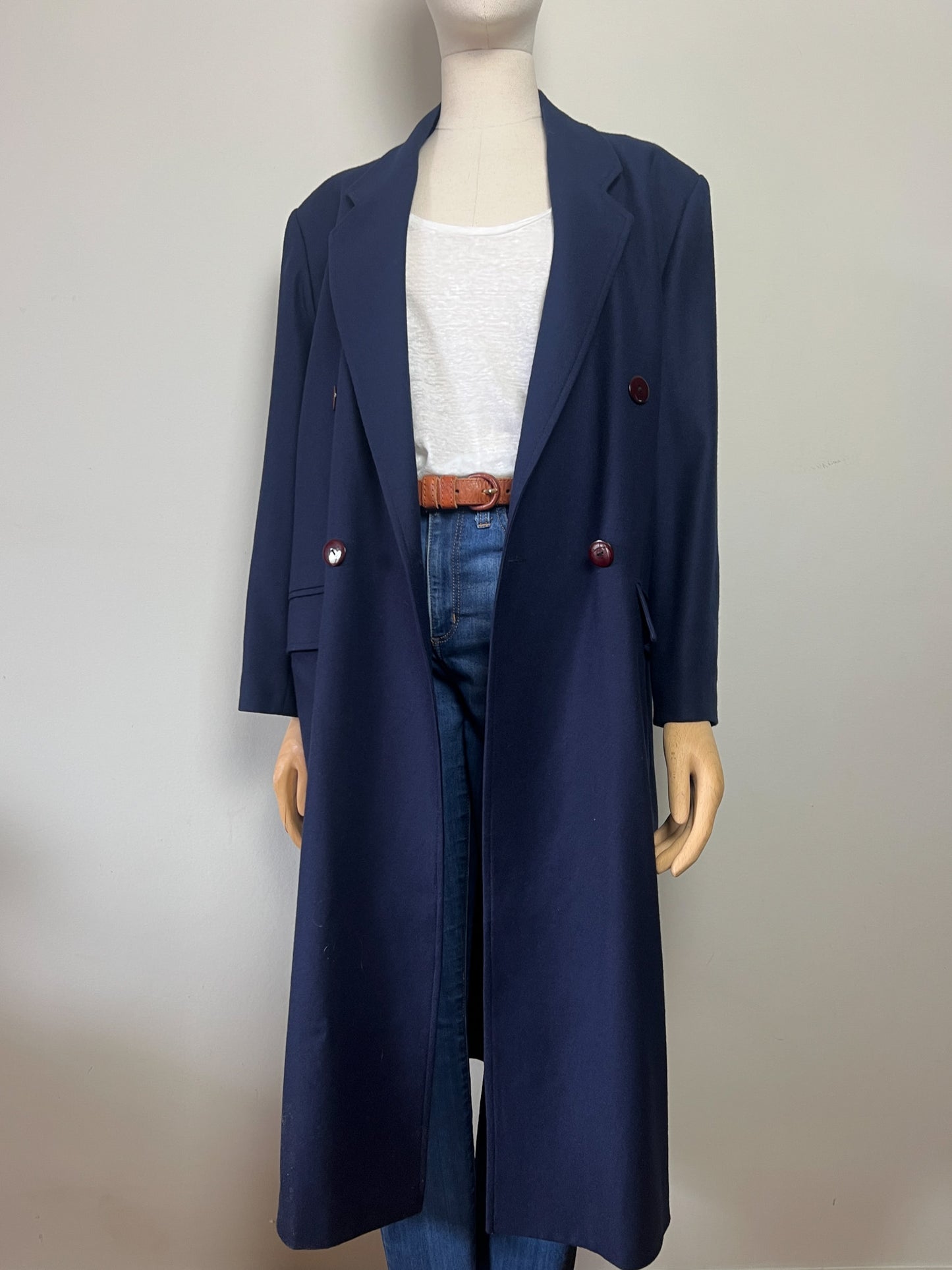 Manteau Long Vintage 100% Laine Marine - Fabriqué en France - T. 40/42