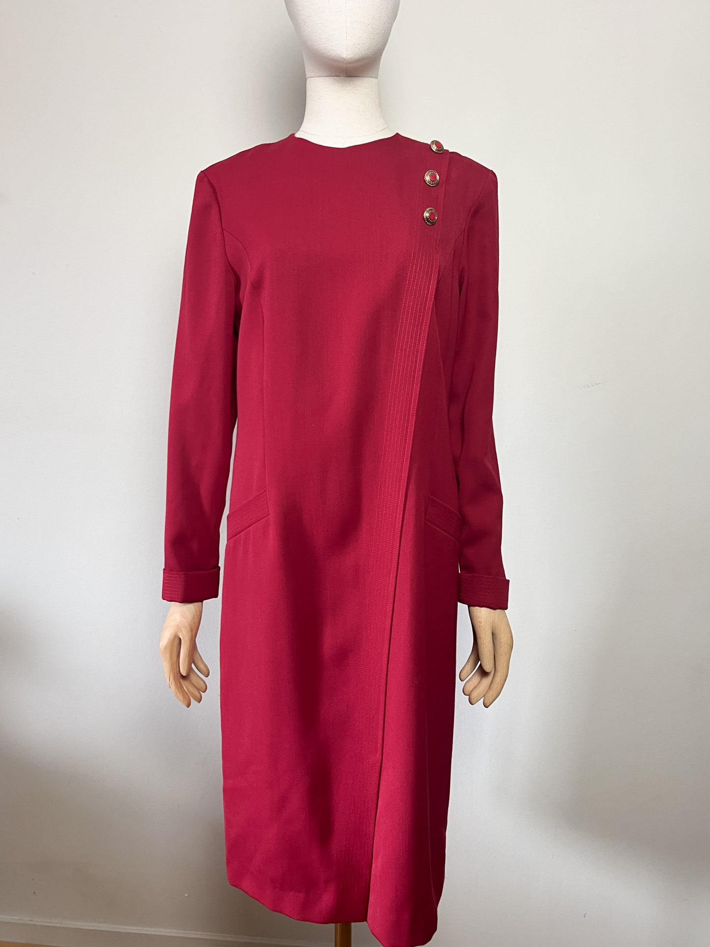 Robe Vintage Weinberg Paris - Rouge Foncé - Détails Boutons et Plis - T. 40