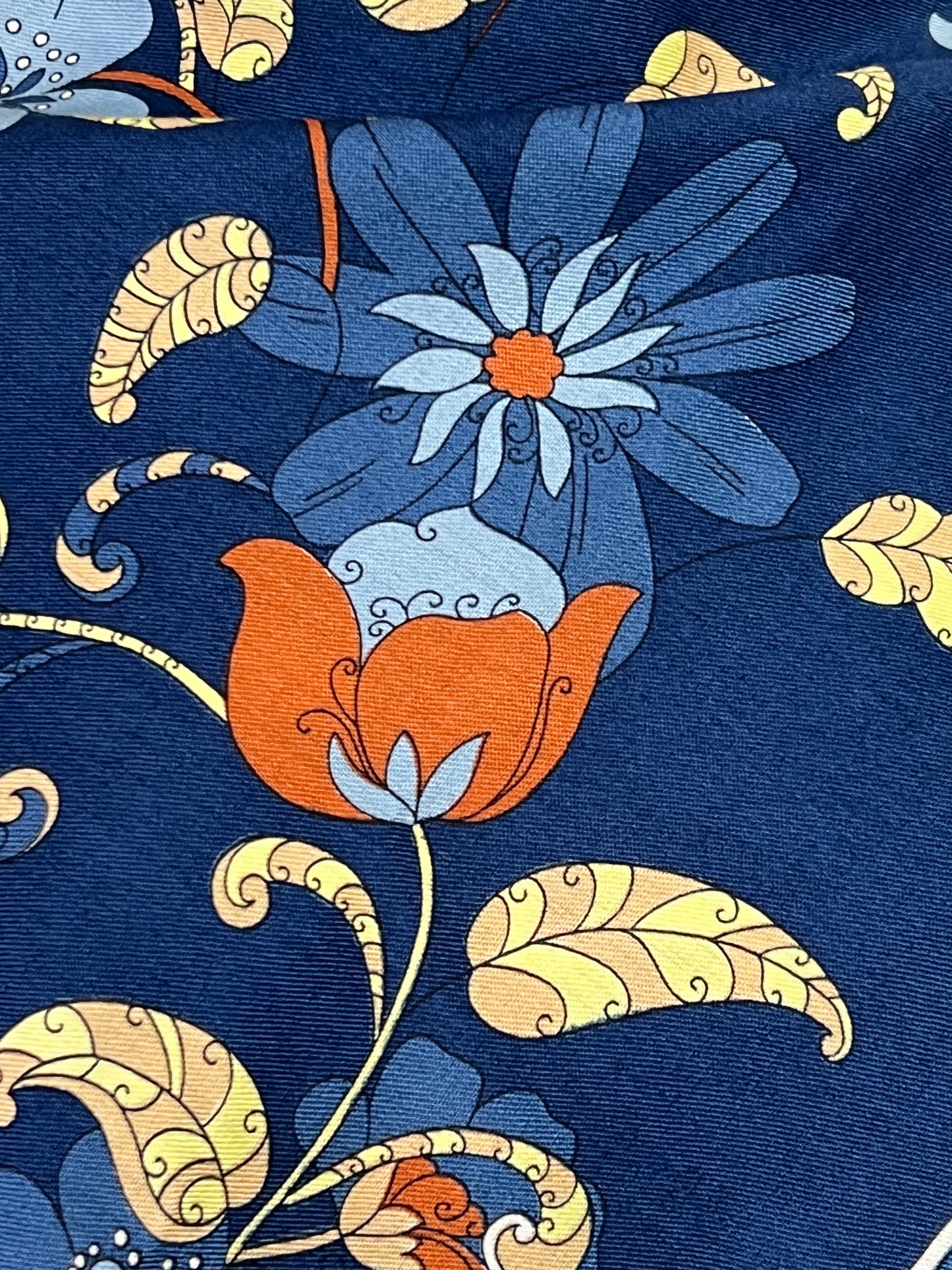 Foulard Carré Vintage en Cachemire Peint à la Main - Bleu et Motifs Floraux